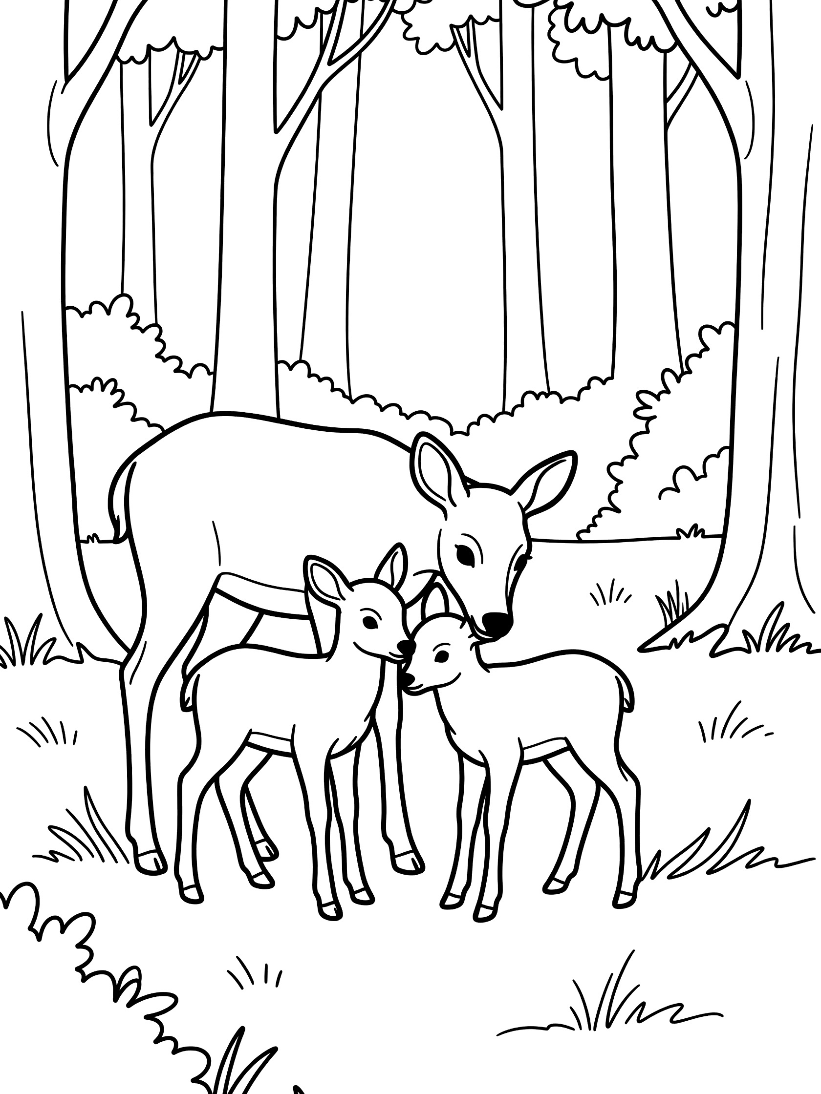 Black and white line art coloring page showing a mother deer touching noses with two baby fawns standing together on grass in a forest glade surrounded by trees and bushes.