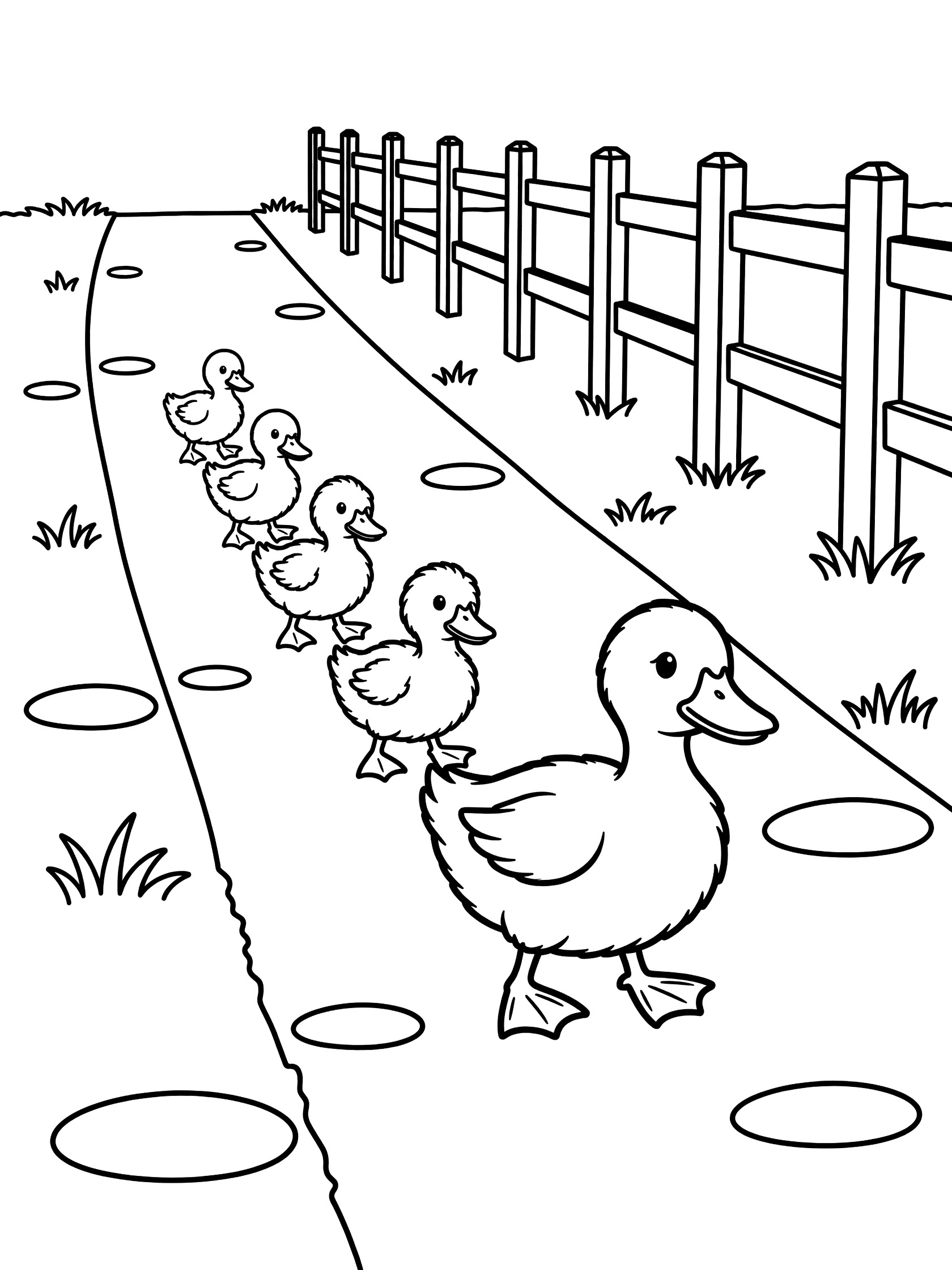 Printable coloring page showing a mother duck waddling with five ducklings in a row on a grassy path next to a wooden fence.