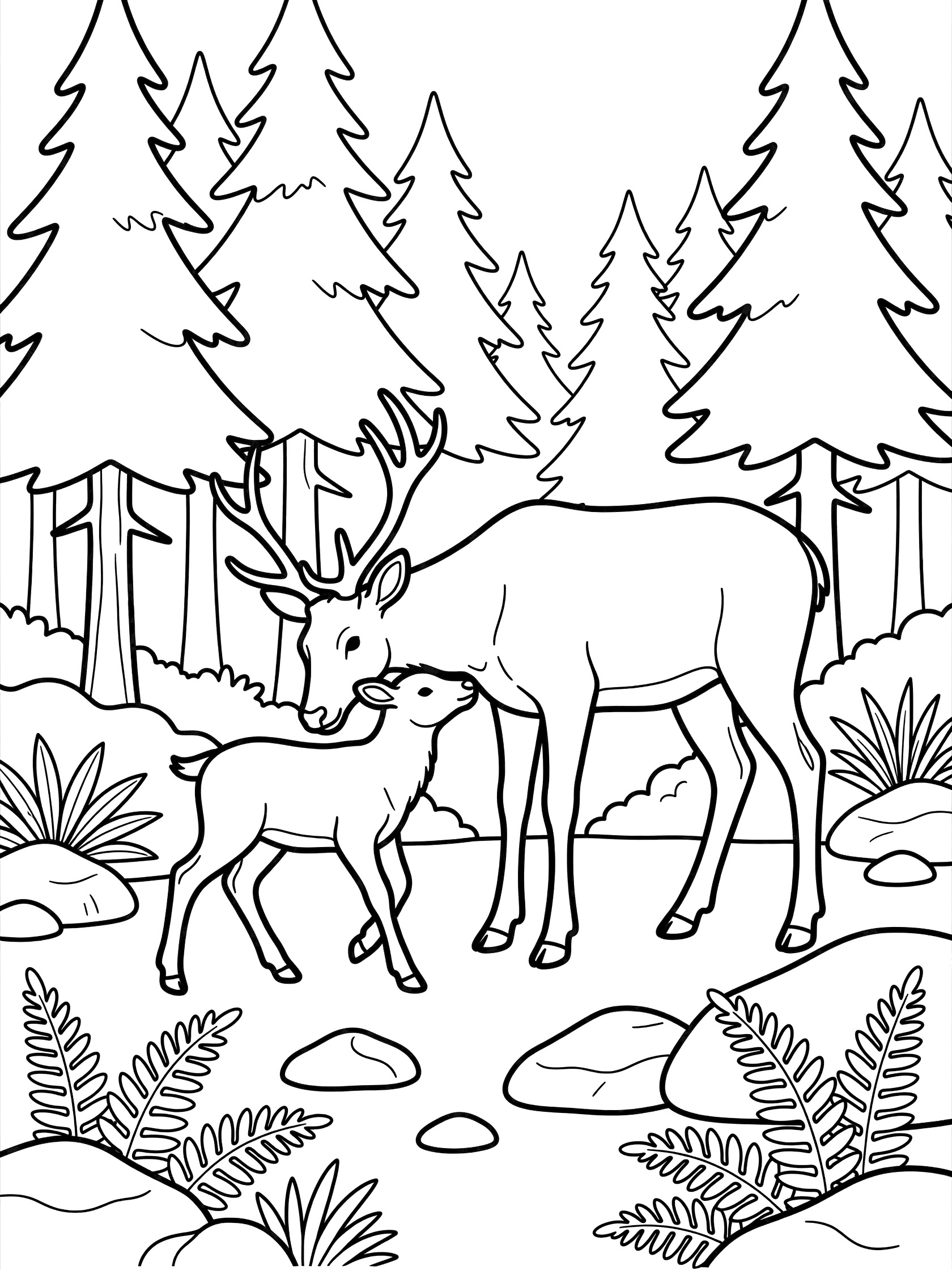 Black and white line art coloring page showing mother elk with antlers nuzzling baby elk calf beside pine trees, ferns and rocks on forest ground.