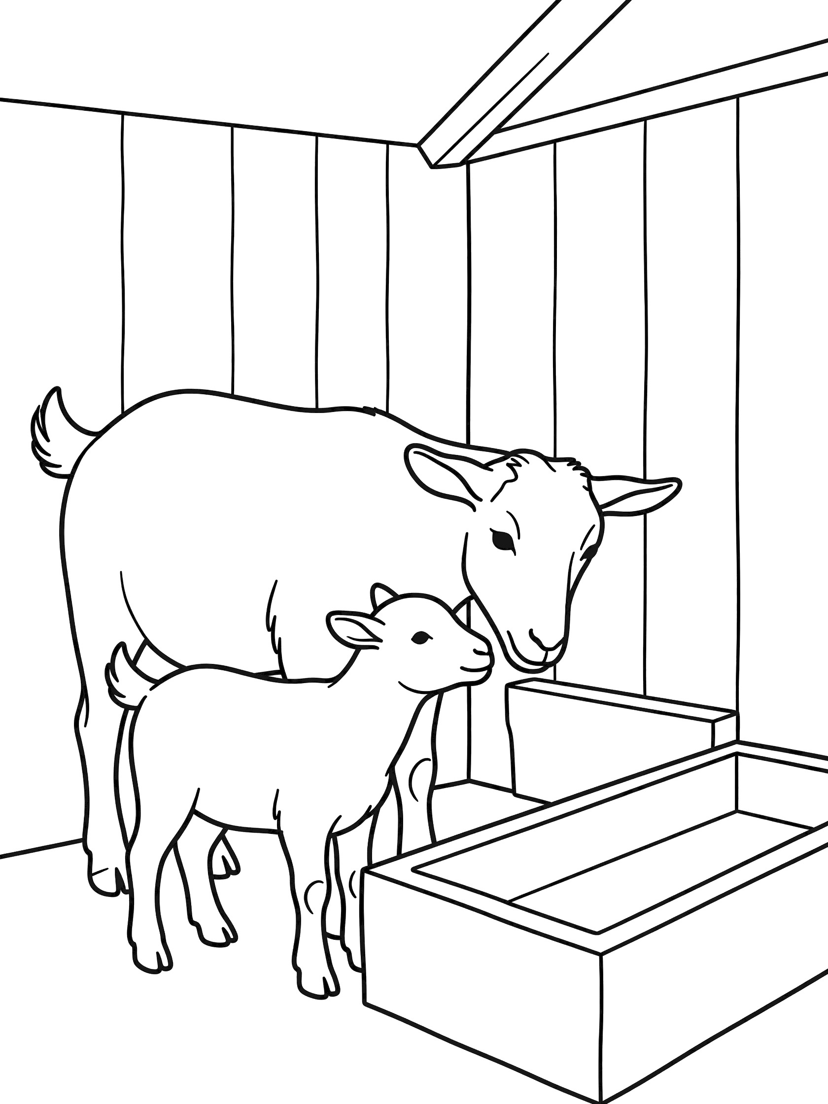 Black and white line art coloring page showing a mother goat nuzzling her baby goat inside a wooden barn with fence walls and a nearby trough. Goats themed black and white printable line art