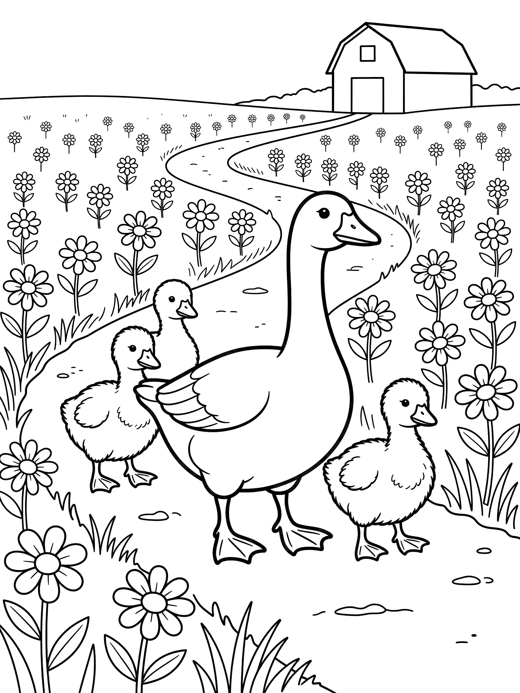 Black and white line art coloring page showing a mother goose with four goslings walking on a path lined with daisies, grass, and a barn in the background. Geese themed black and white printable line art