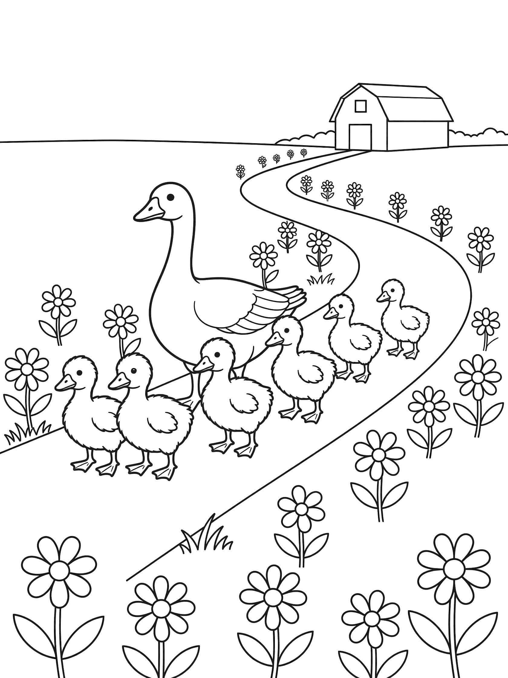 Black and white line art coloring page showing mother goose leading four fluffy goslings along a winding path lined with daisies in a meadow with a barn in the background. Geese themed black and white printable line art