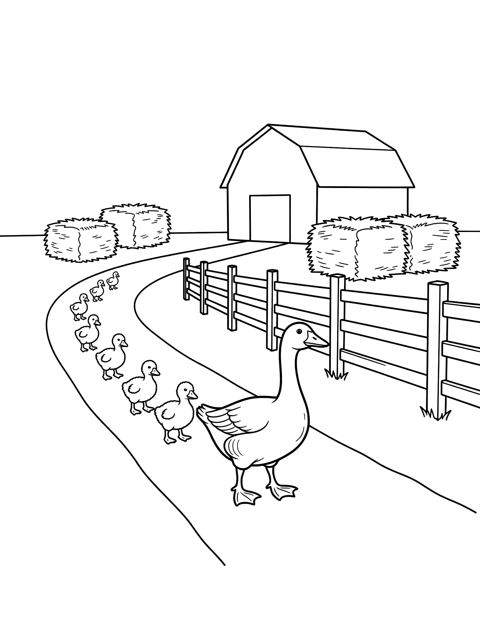 Printable coloring page showing mother goose with fluffy goslings walking on a path near wooden fence, barn, and hay bales
