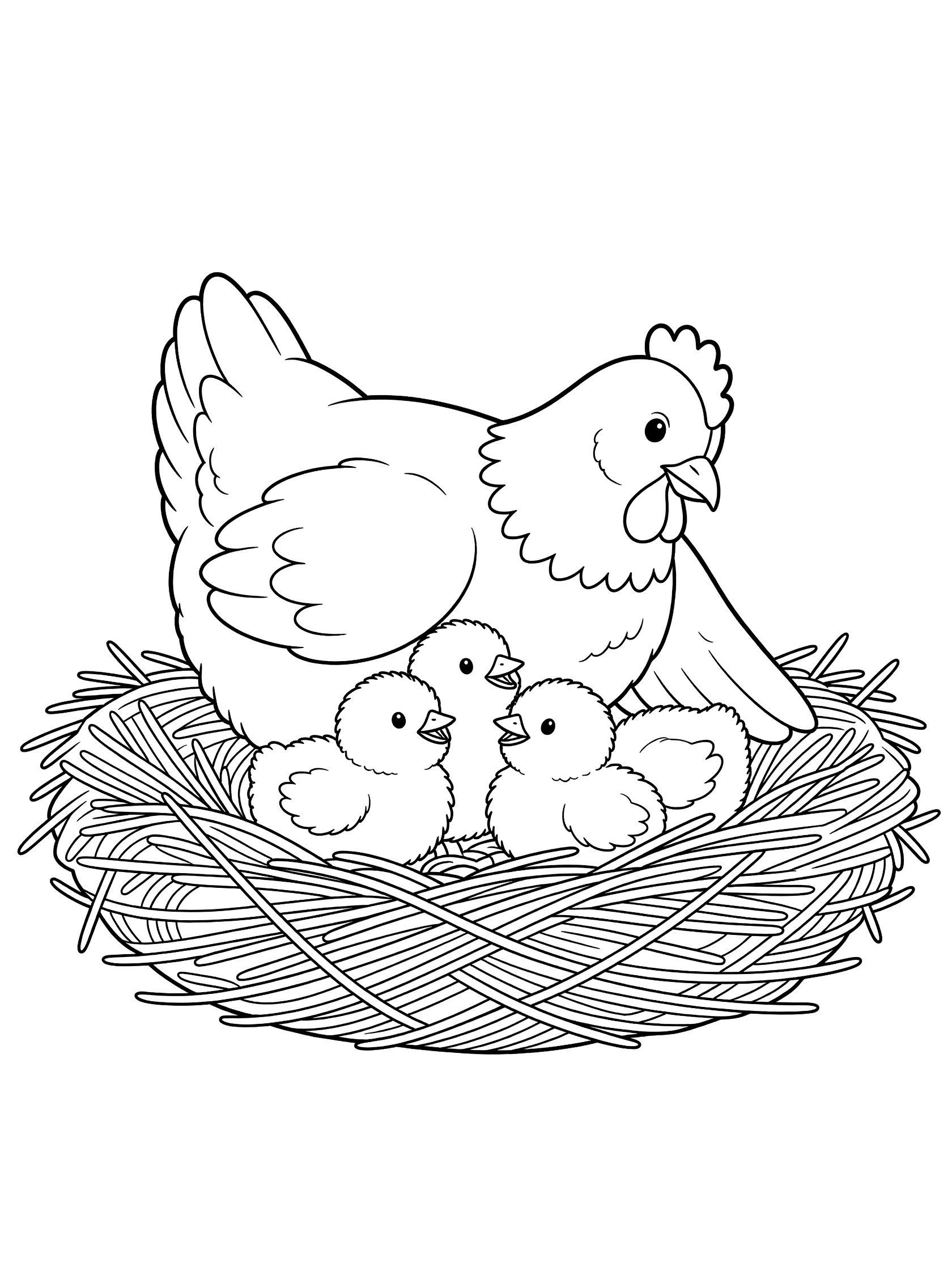 Black and white line art coloring page showing a mother hen with fluffy feathers standing protectively over three chicks peeking from a straw nest. Chickens themed black and white printable line art