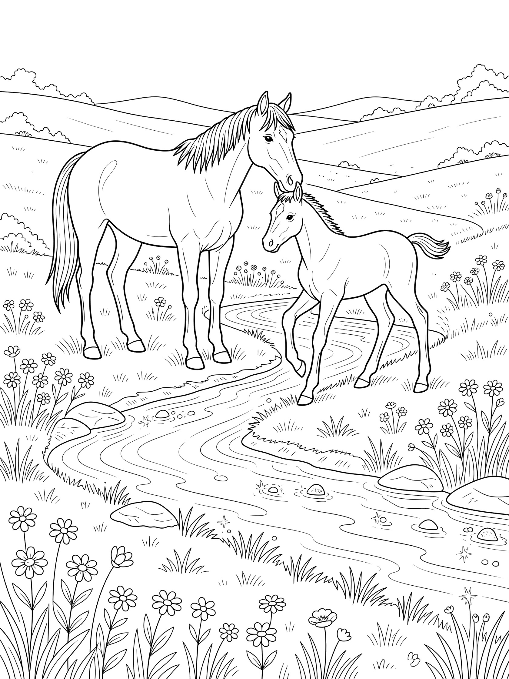 Black and white line art coloring page of a mother horse nuzzling her foal next to a stream, surrounded by flowers, grass, rocks, and distant hills. Mustang themed black and white printable line art
