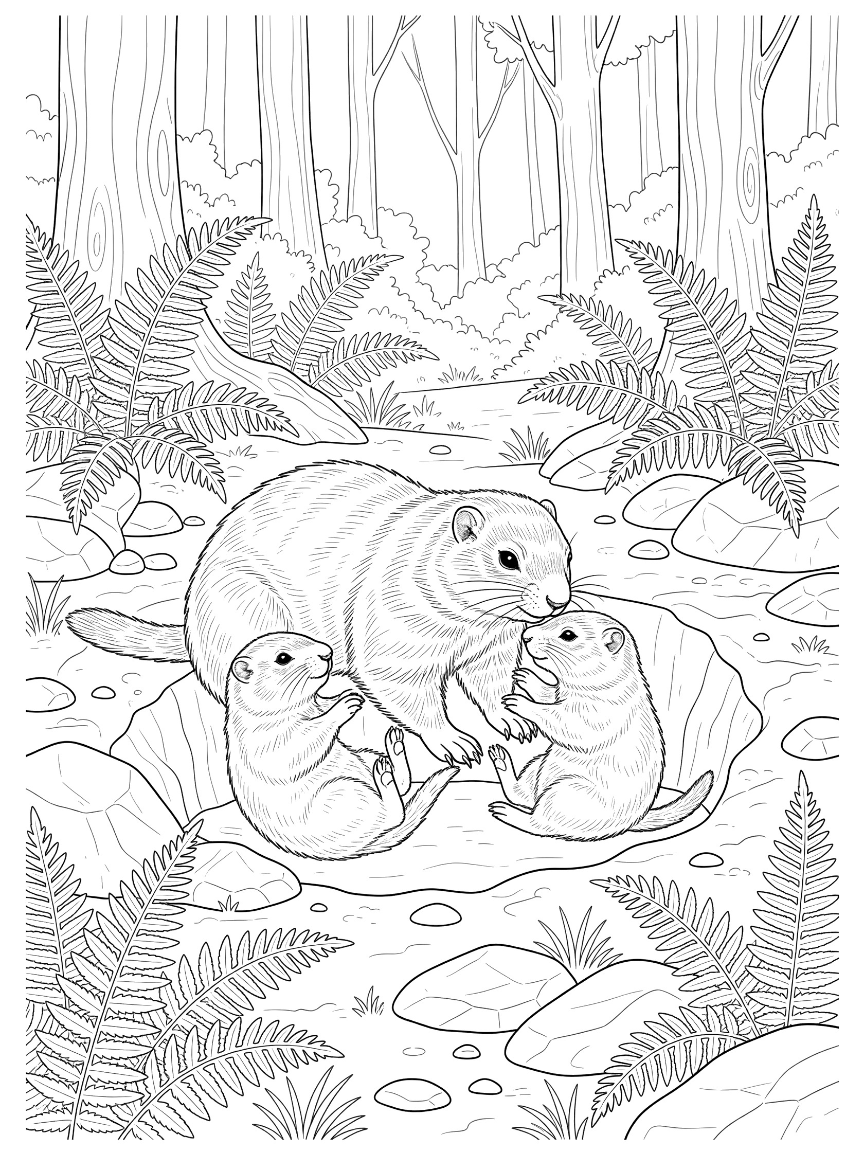 Printable coloring page showing a mom marmot nuzzling and playing with two baby marmots by their burrow, surrounded by rocks and ferns in a sunny forest glade