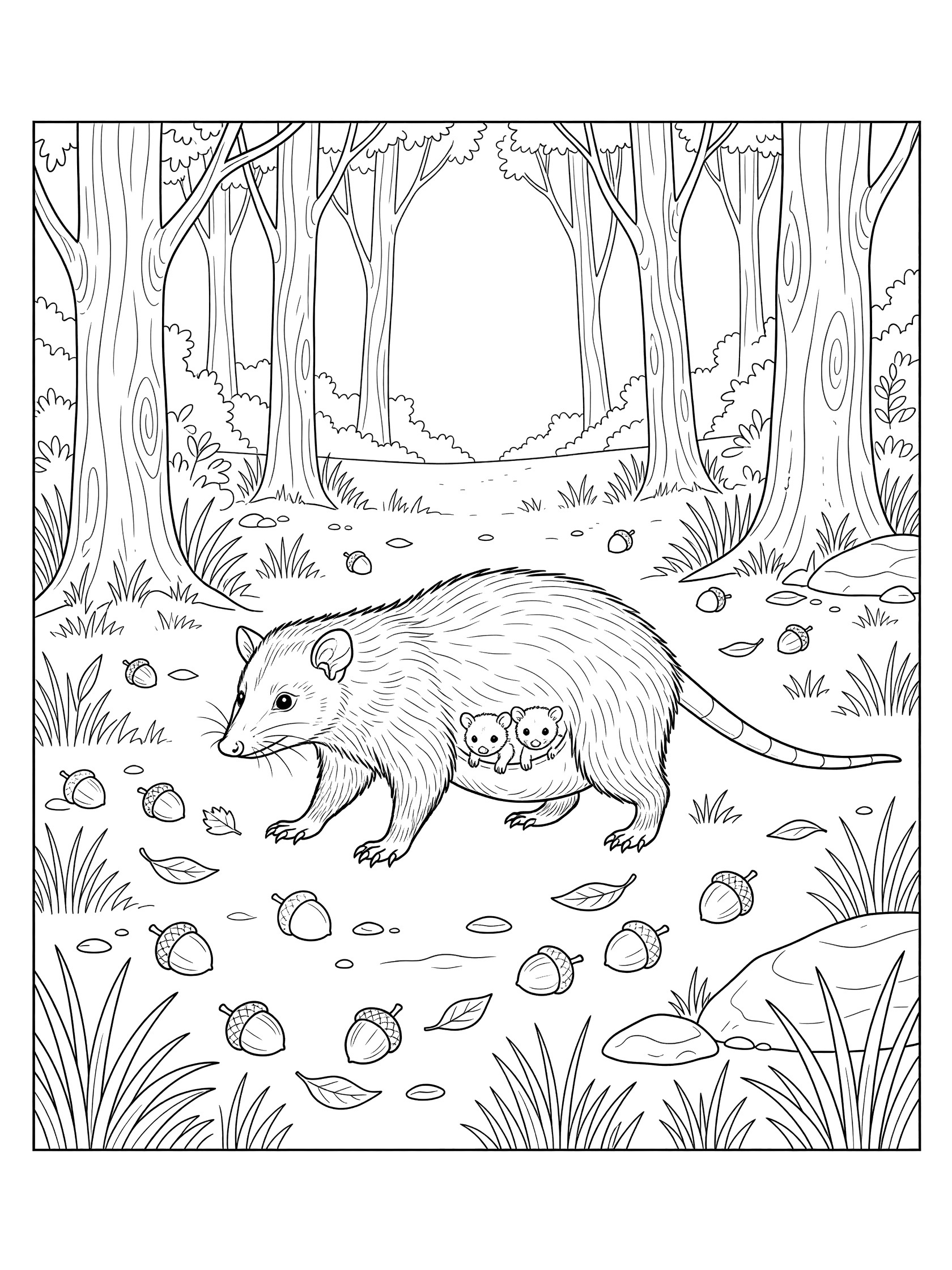 Black and white line art coloring page showing a mother opossum with two tiny babies peeking from her pouch, walking in a forest with trees, grass, leaves, rocks, and scattered acorns.