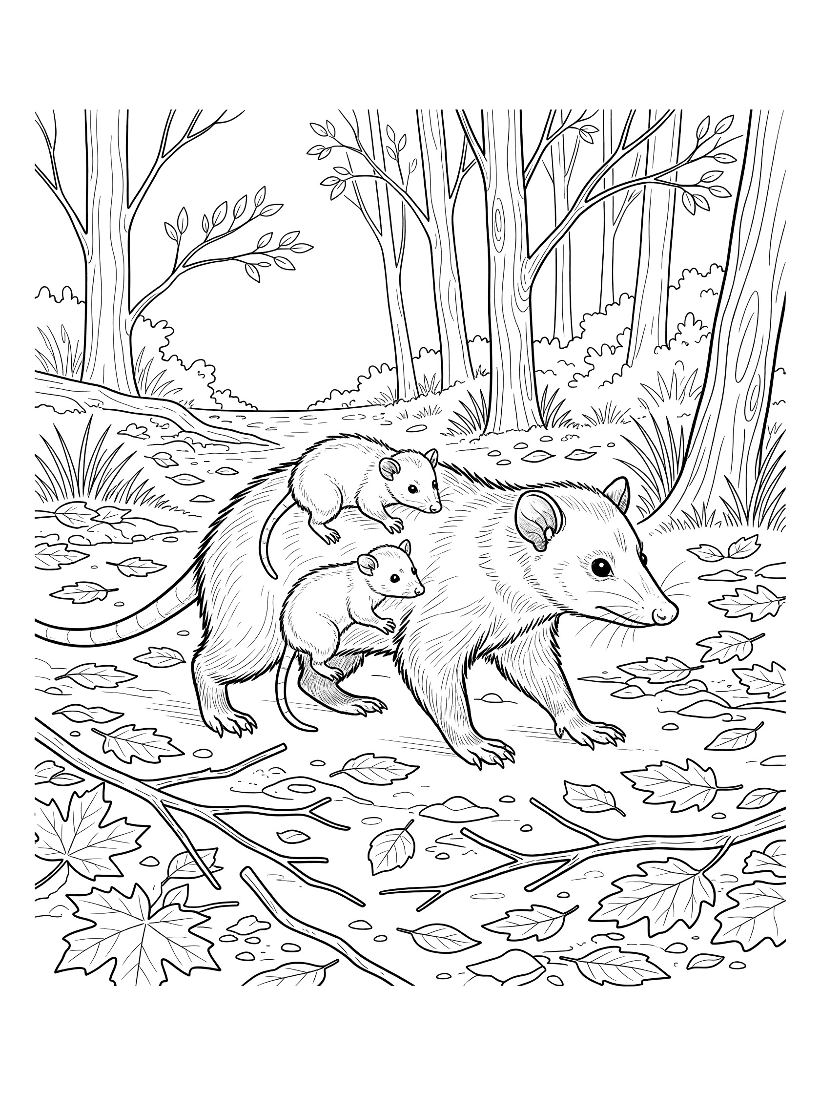 Black and white line art of a mother opossum walking in the woods with two small babies clinging to her back, surrounded by trees, leaves, and twigs on the ground.