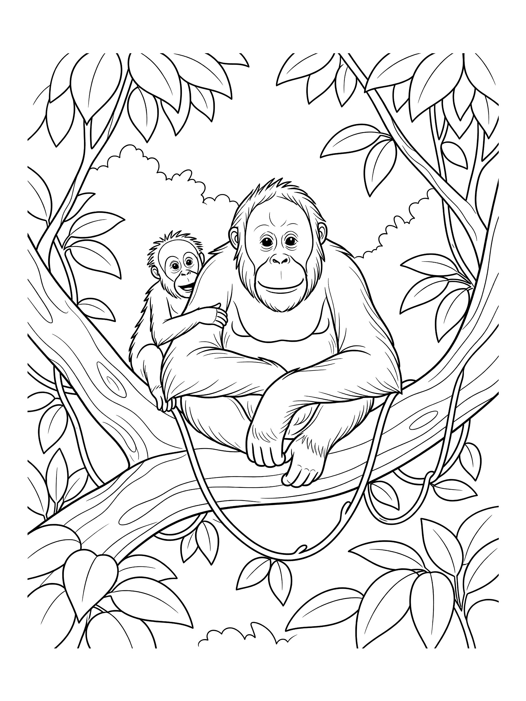 Printable coloring page showing a mother orangutan with big eyes sitting on a thick tree branch, baby orangutan on her back peeking out, surrounded by leaves and vines.