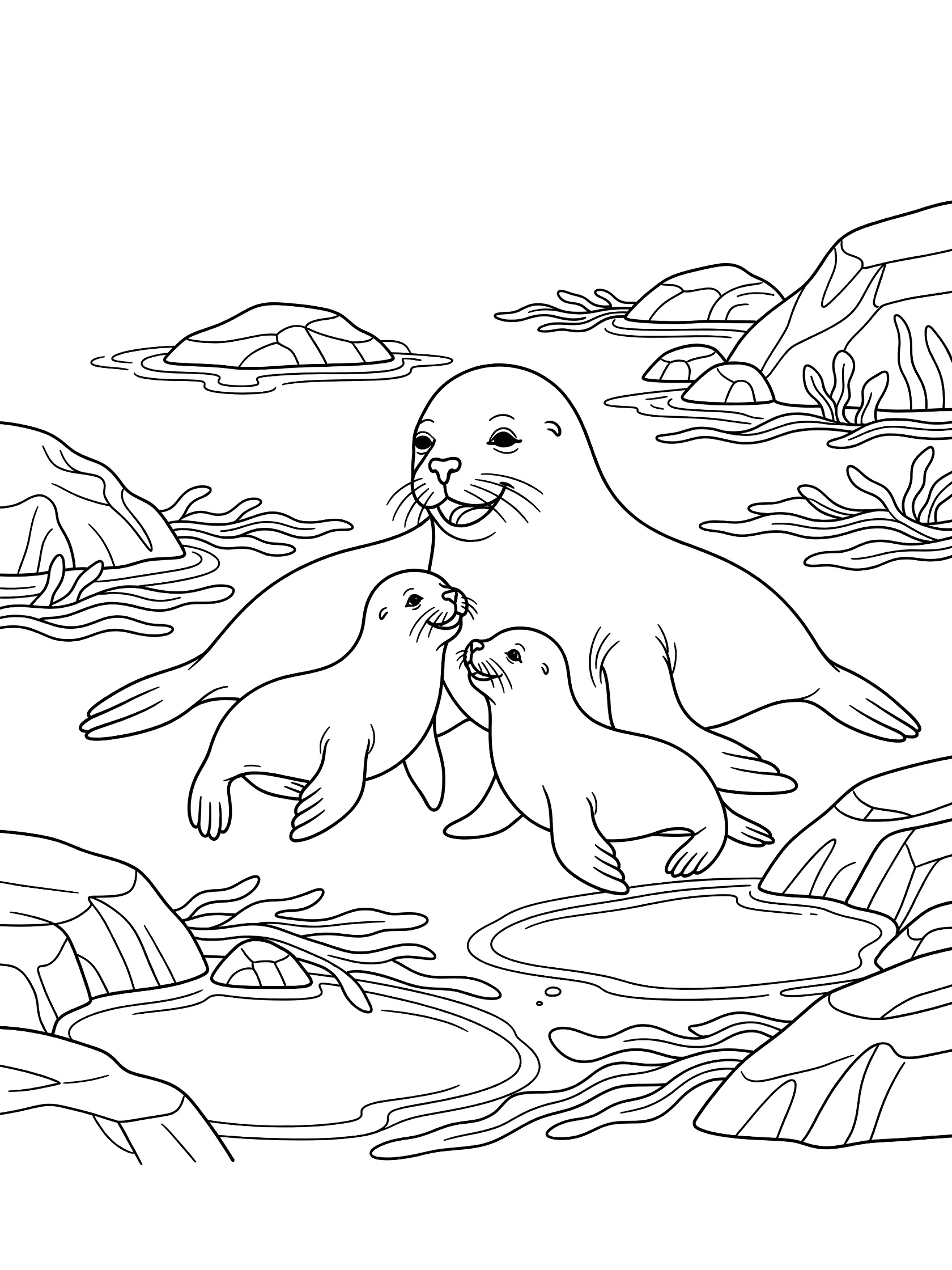 Black and white line art of a mother seal hugging two baby seals on rocky shore with tide pools and seaweed. Sea Lion themed black and white printable line art