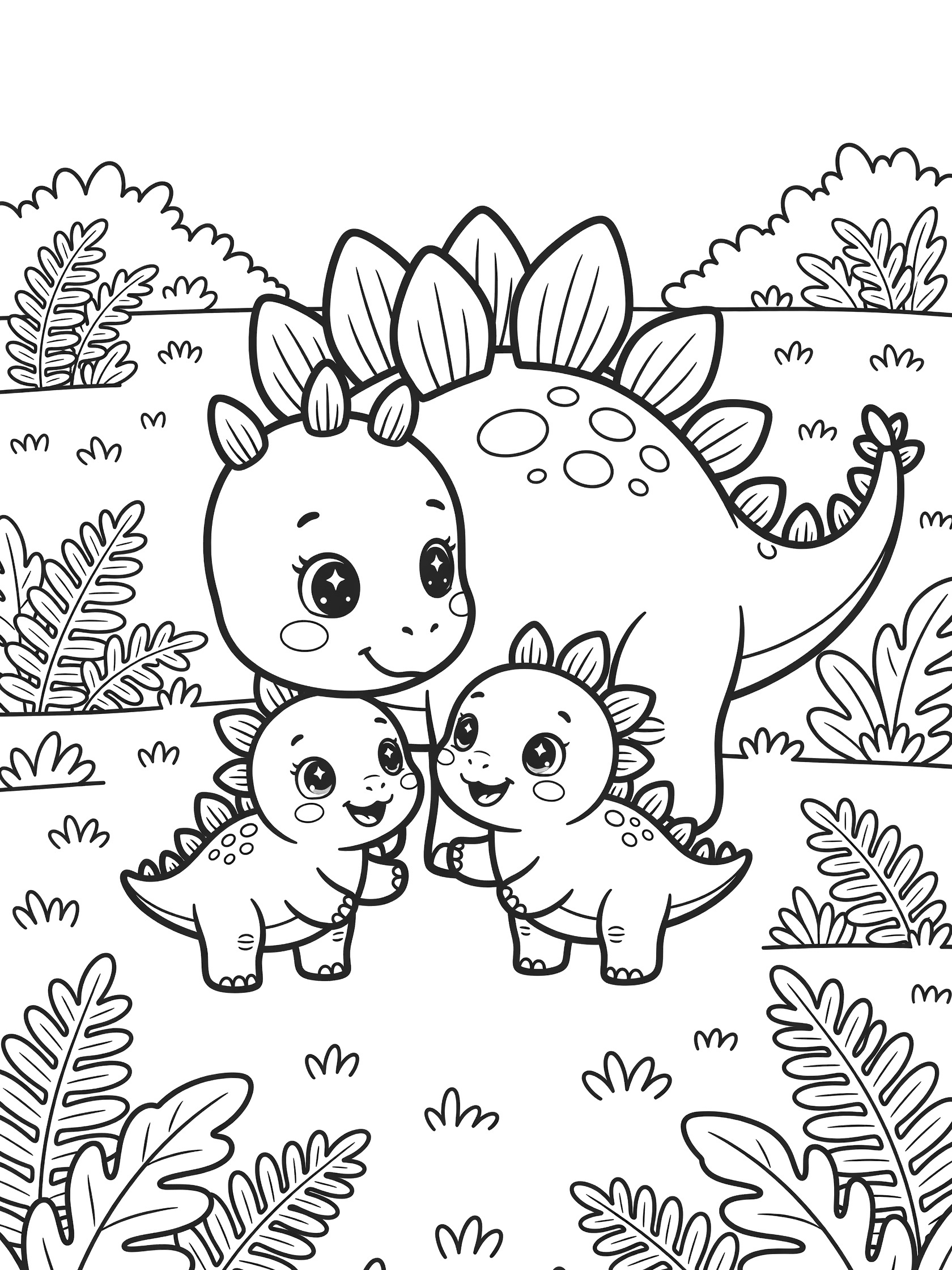 Kawaii line art coloring page showing a big-eyed mother Stegosaurus gently touching her tiny smiling baby Stegosaurus amid simple ferns and bushes.