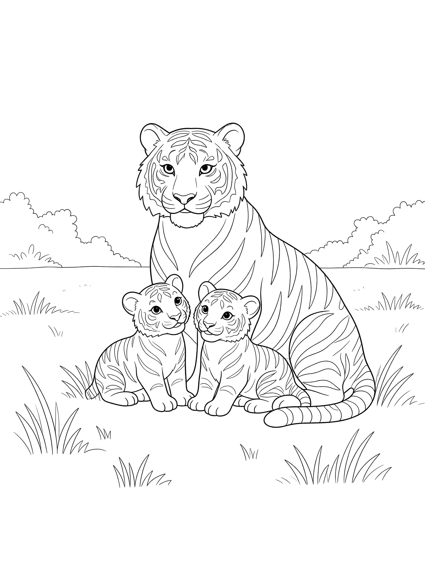 Black and white line art coloring page showing a mother tiger with two small cubs nuzzling her in a grassy area with bushes.