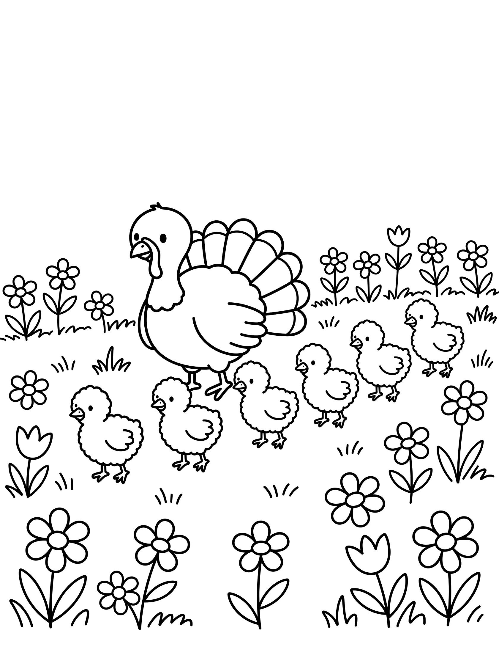 Black and white line art coloring page showing a mother turkey leading a line of five baby chicks across grass with blooming flowers around them.