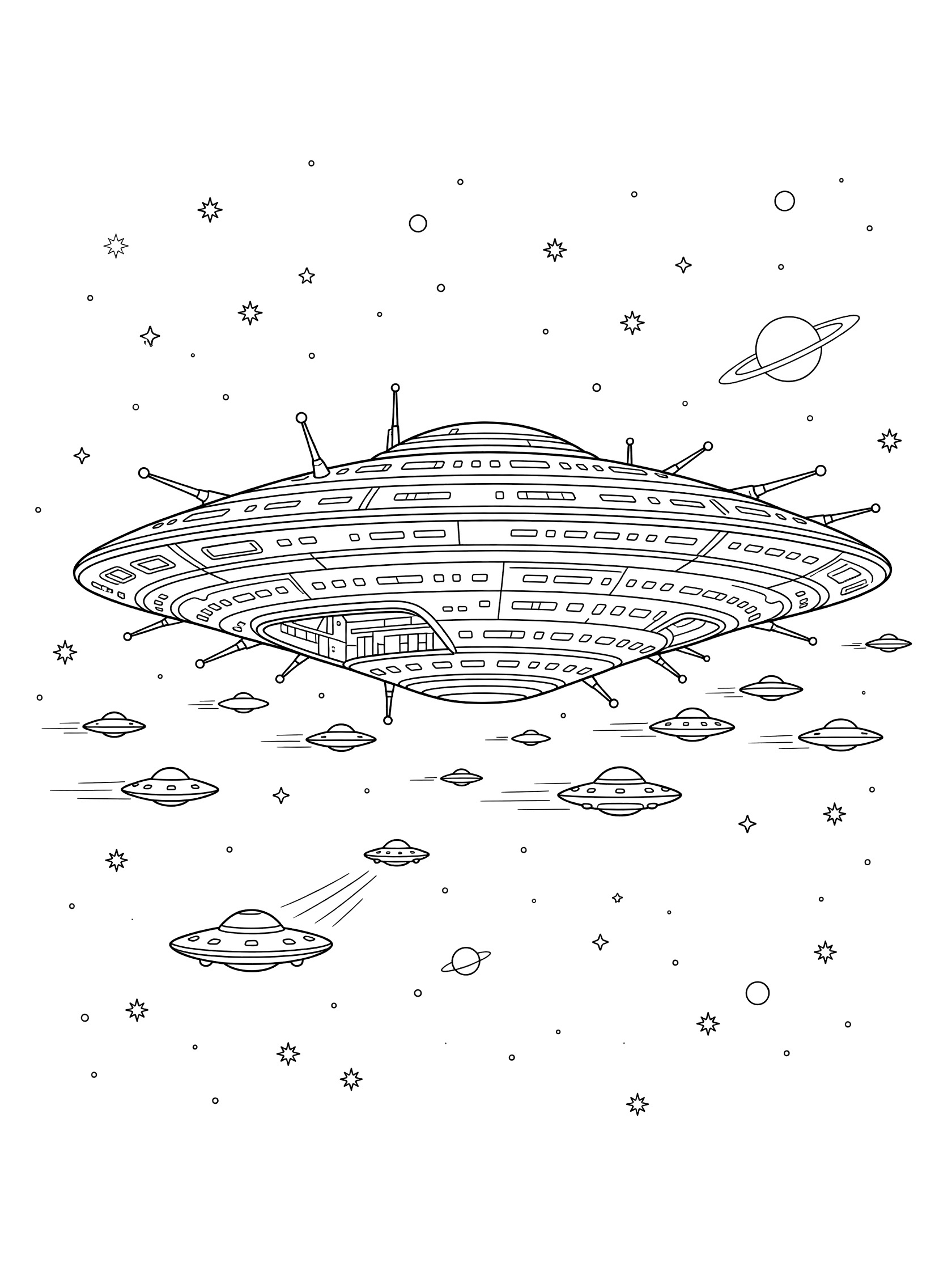 Line art coloring page showing a large saucer-shaped mothership floating in space among stars and planets, deploying several small scout UFOs from open hangar doors with antennae on hull.