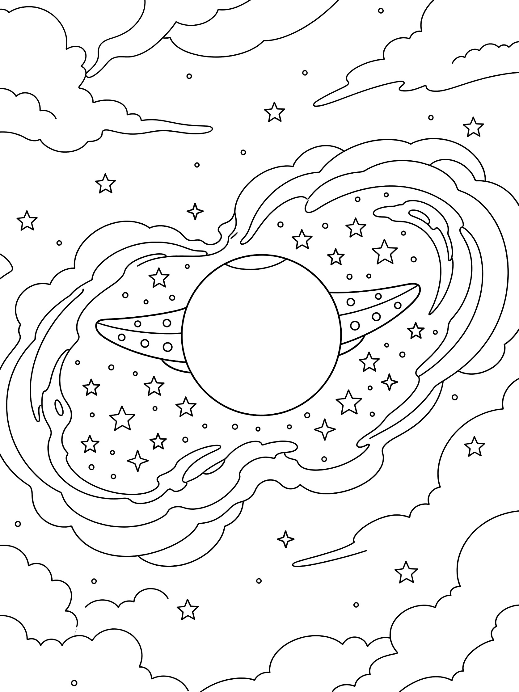 Black and white line art coloring page showing a friendly round mothership with extended wings emerging from swirling nebula clouds, surrounded by sparkling stars