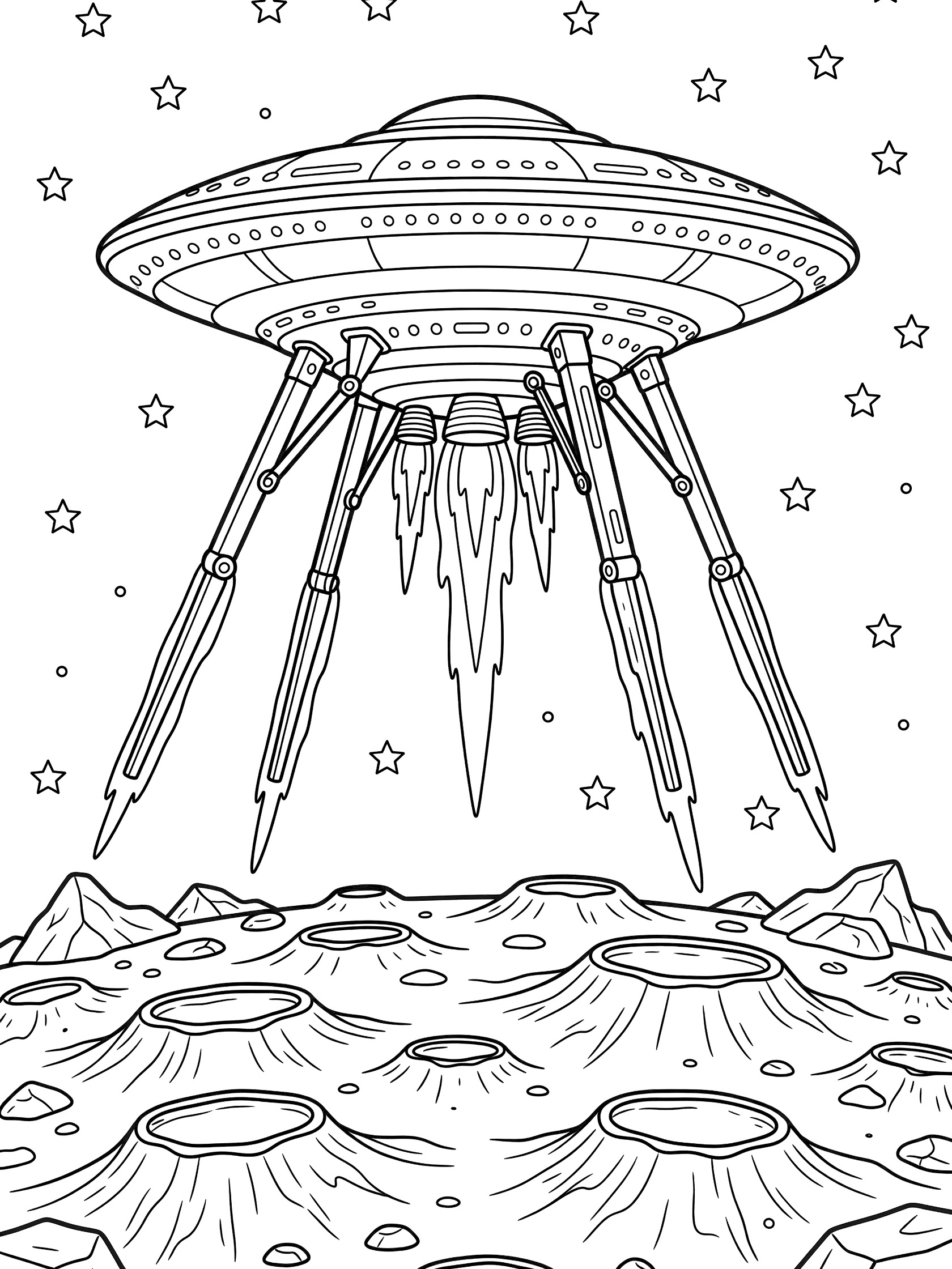 Black-and-white coloring page showing a large UFO mothership with extended landing legs and thruster flames landing on a rocky moon surface under a starry sky