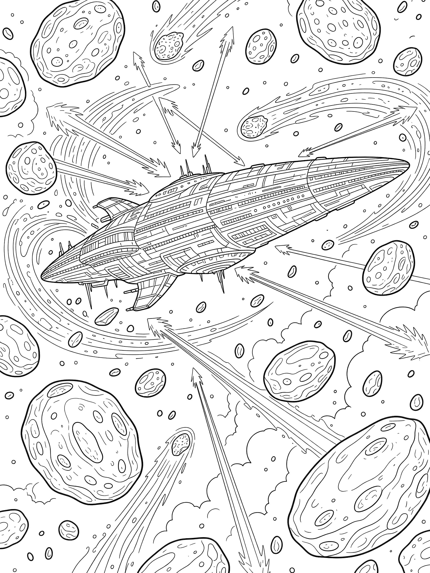 Black-and-white line art of a large mothership flying through a busy asteroid field, with laser beams deflecting rocks and comet tails swirling around.