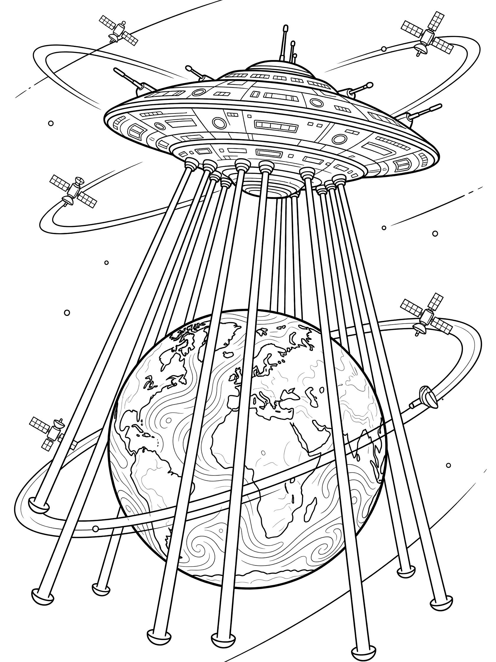 Black and white line art coloring page showing a large mothership above round Earth emitting multiple scanning beams, with nearby satellites and orbital paths
