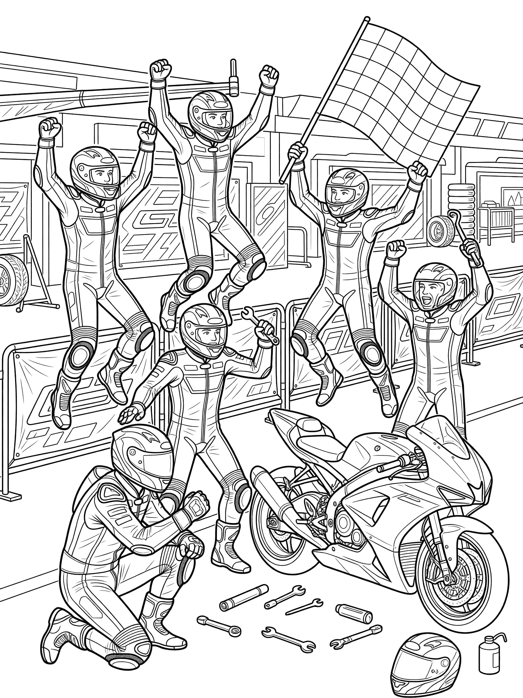 Black-and-white line art coloring page showing Moto GP pit crew in racing suits celebrating with a checkered flag, motorcycle with tools, and pit lane barriers.