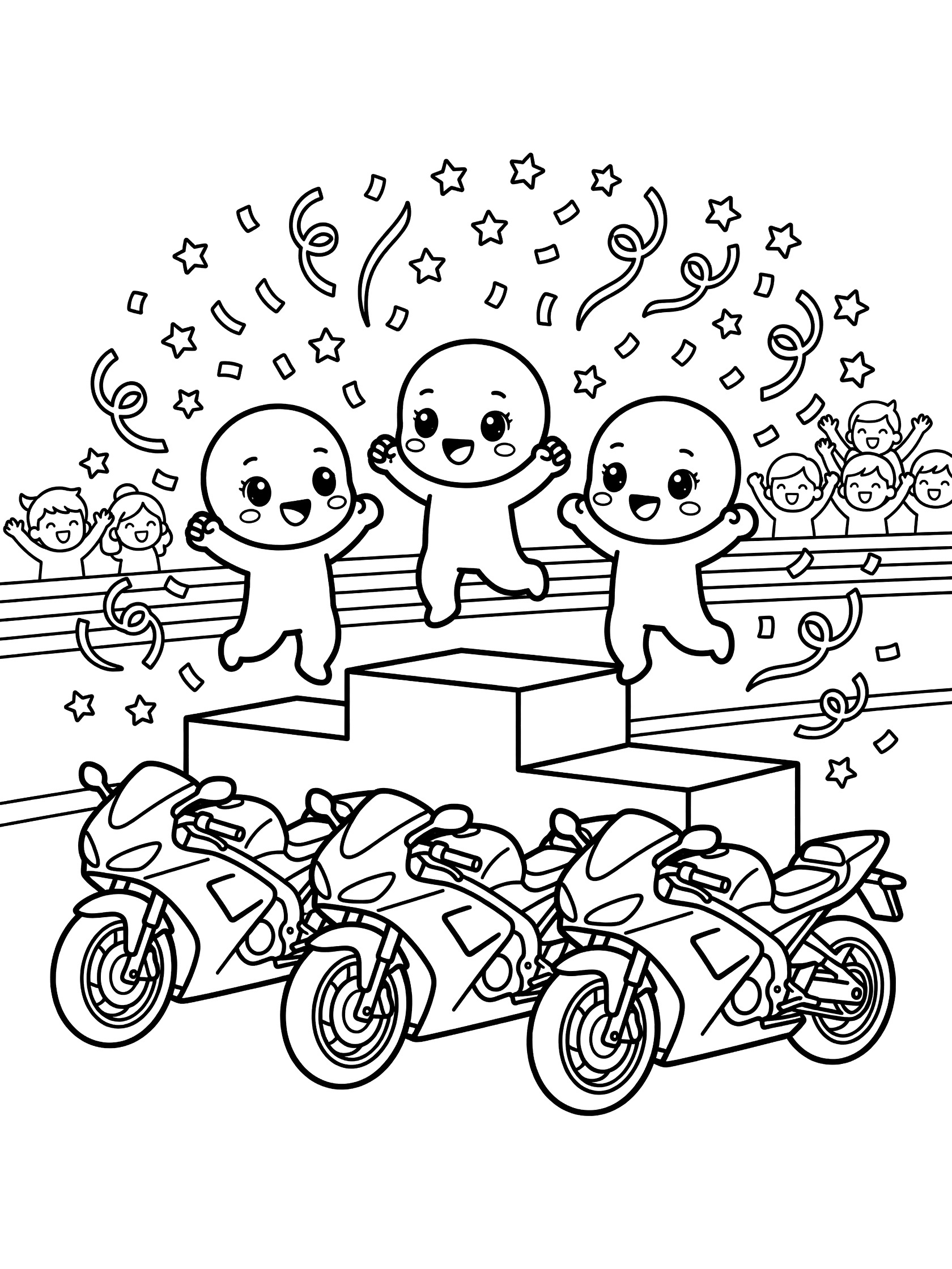 Kawaii-style Moto GP riders celebrating on victory podium with motorcycles, confetti, and fans - printable coloring page