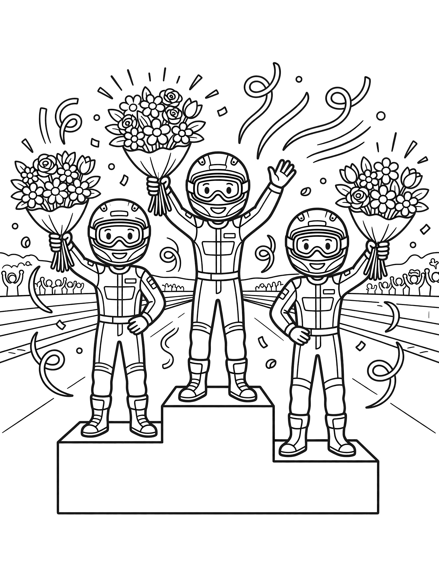 Black-and-white coloring page of three Moto GP riders in helmets and racing suits holding bouquets on a three-step victory podium with swirls and track background.