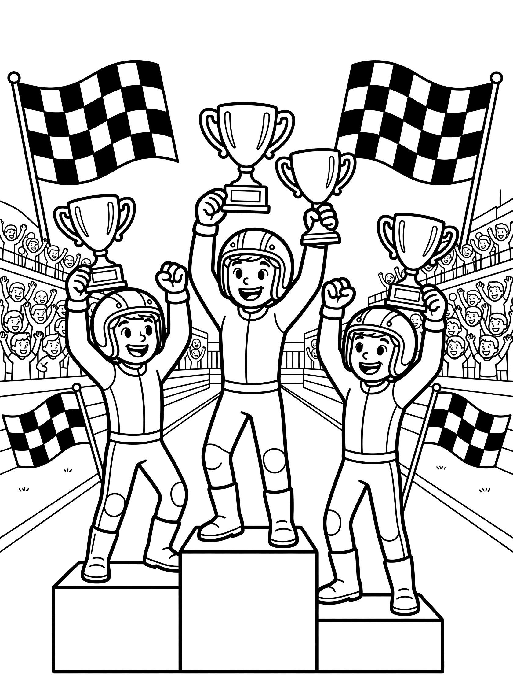 Black-and-white coloring page of three smiling Moto GP riders standing on a three-step victory podium, each holding up a trophy, with checkered flags and cheering crowds in the background.