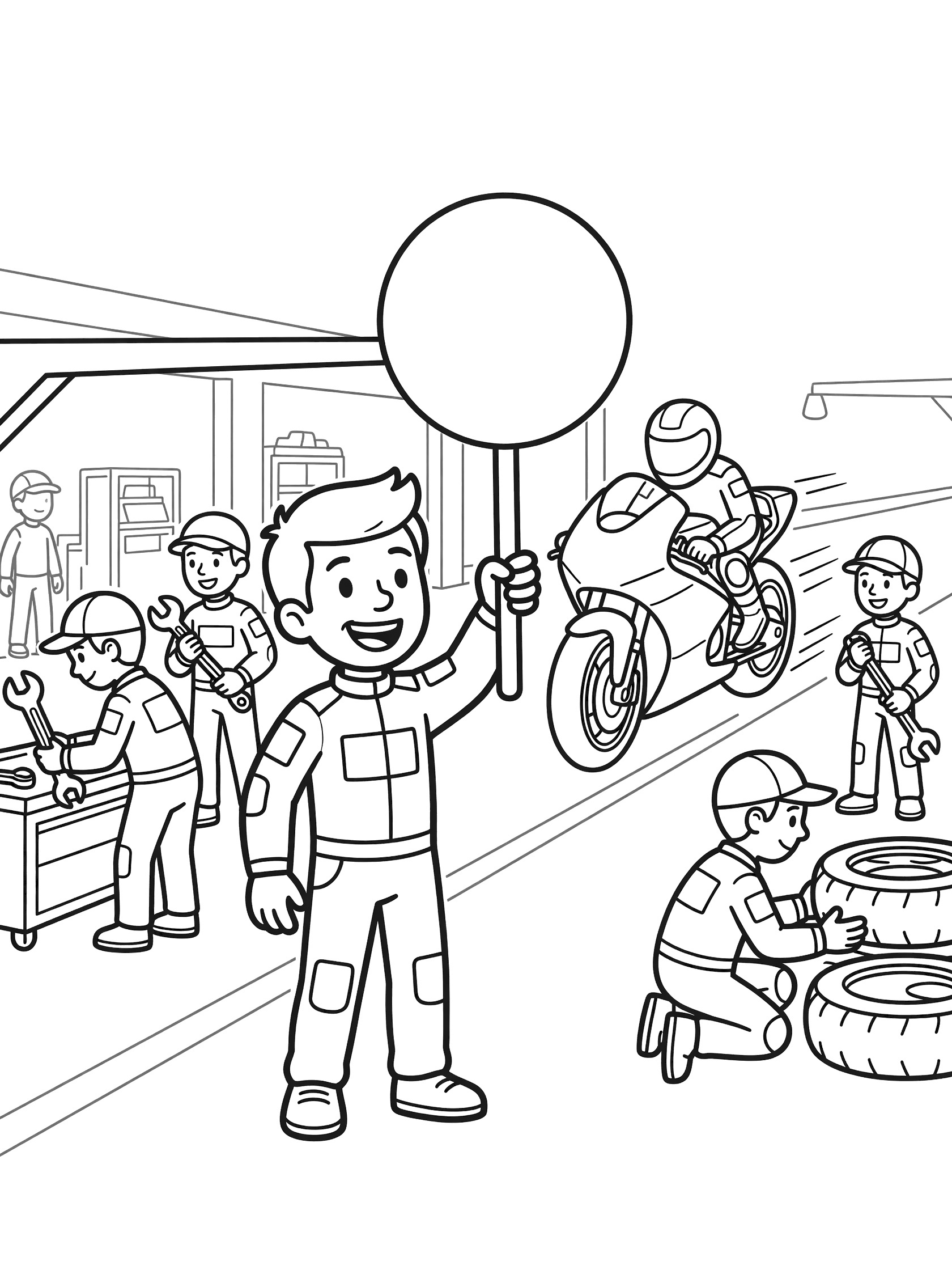 Black and white line art of MotoGP pit crew member holding up large round lollipop sign to guide motorcycle driver, with teammates preparing tools and tires nearby.