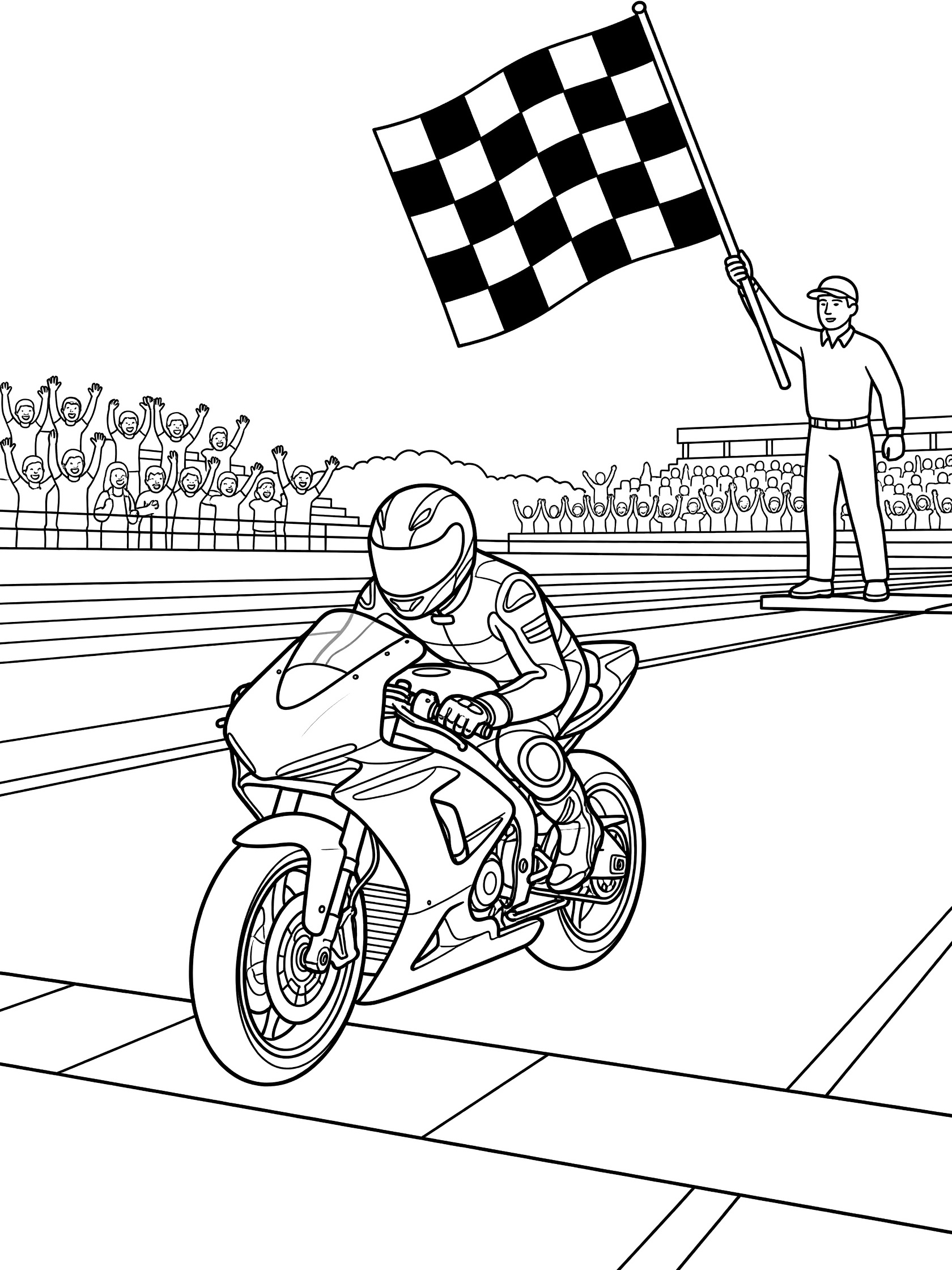 Black and white coloring page of MotoGP racer on bike under waving checkered flag at finish line with marshal and cheering crowd