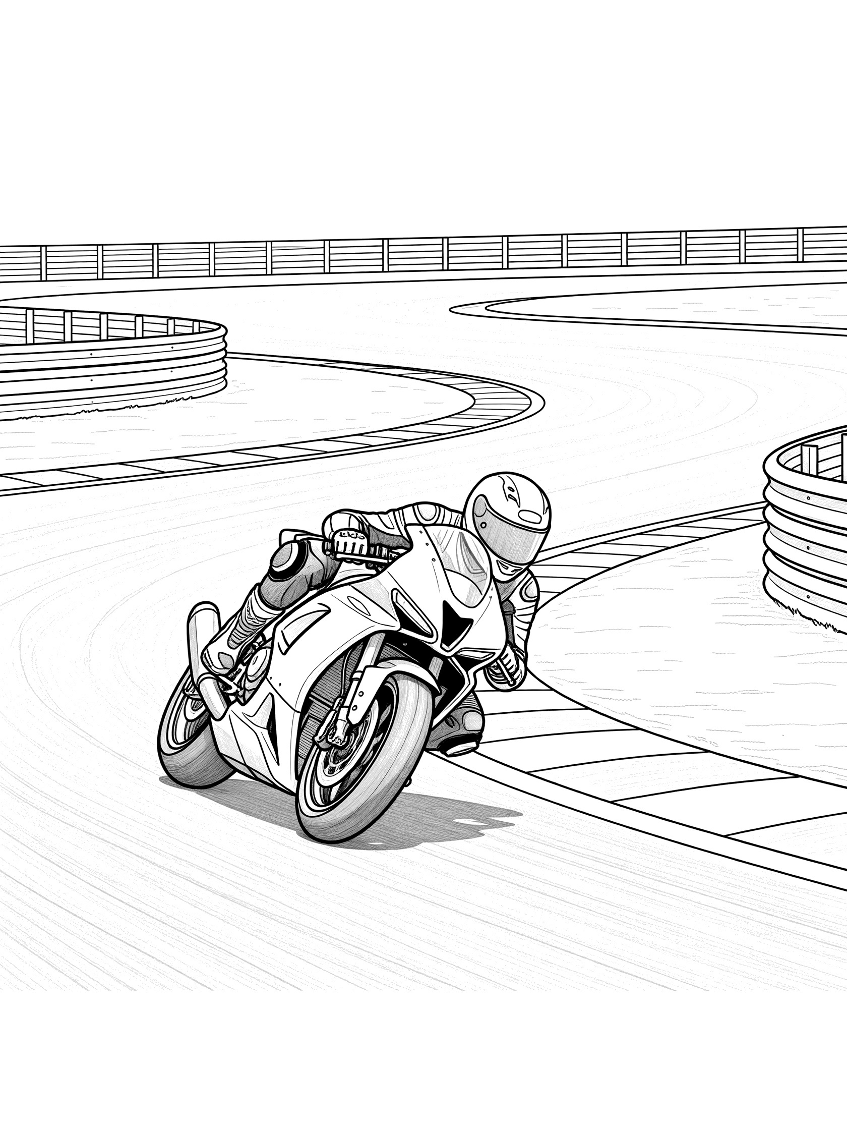 Printable coloring page of a MotoGP racing helmet and motorcycle gripping a hairpin turn on paved racetrack with tires, guardrails, and striped curbs