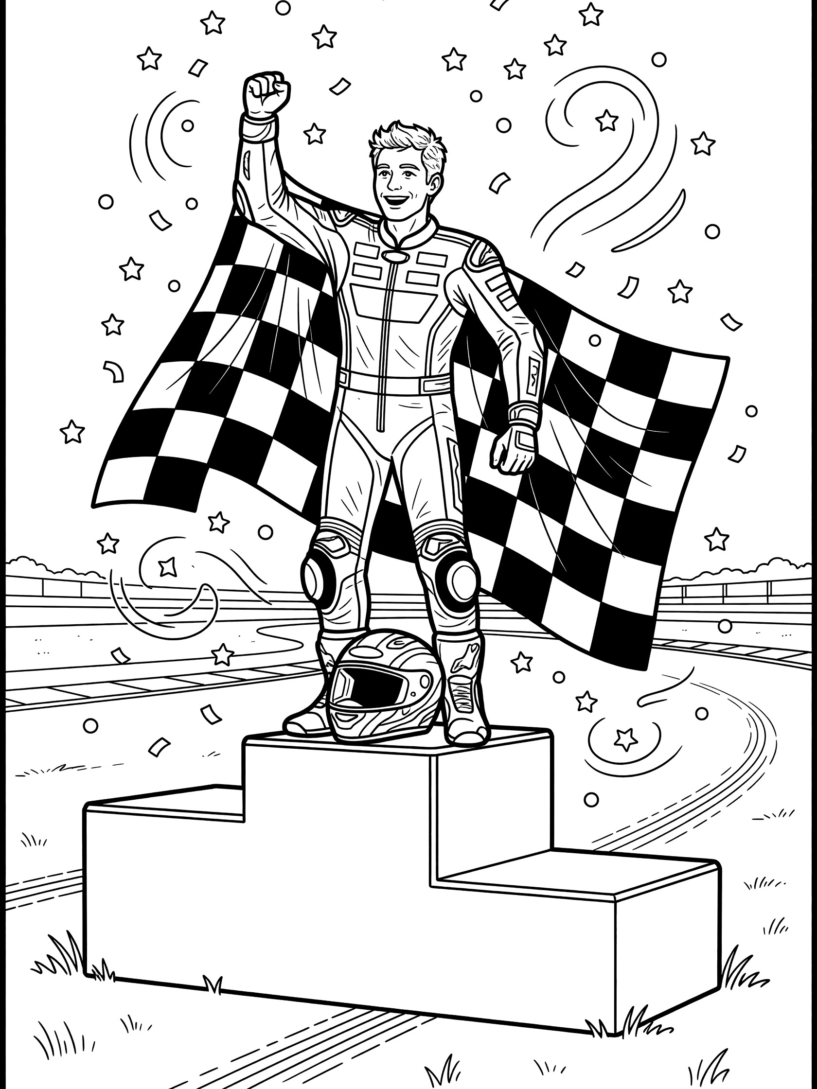 Black-and-white line art of victorious motorcycle racer in leathers and helmet standing on podium with checkered flag cape, confetti swirls, and racetrack background.