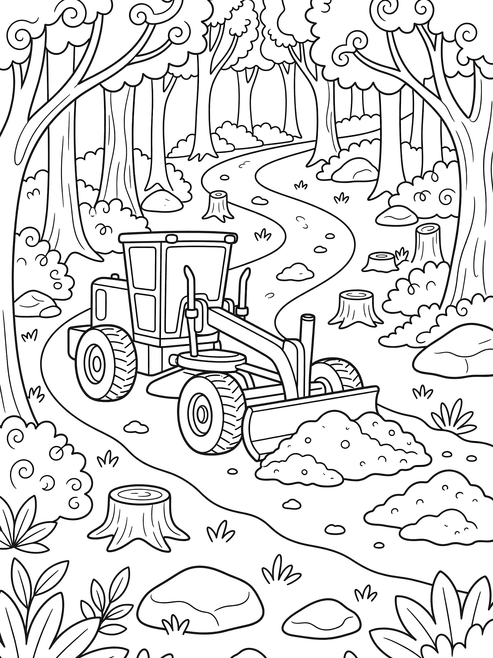 Black and white line art of a cheerful motor grader clearing a forest trail with big wheels, angled blade, tree stumps, curly bushes, tall trees, rocks, and dirt path.