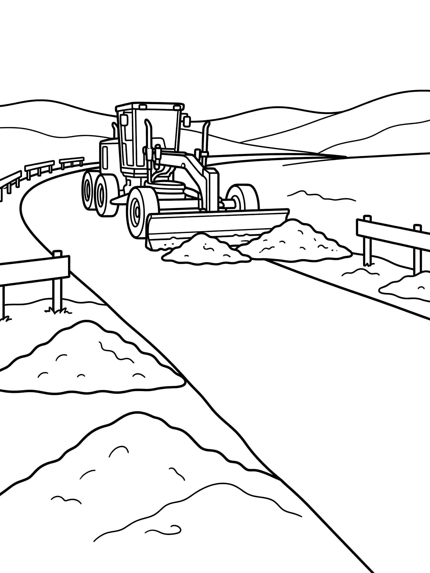 Black-and-white coloring page of a motor grader leveling a wide curving dirt road with dirt piles, construction barriers, and rolling hills.