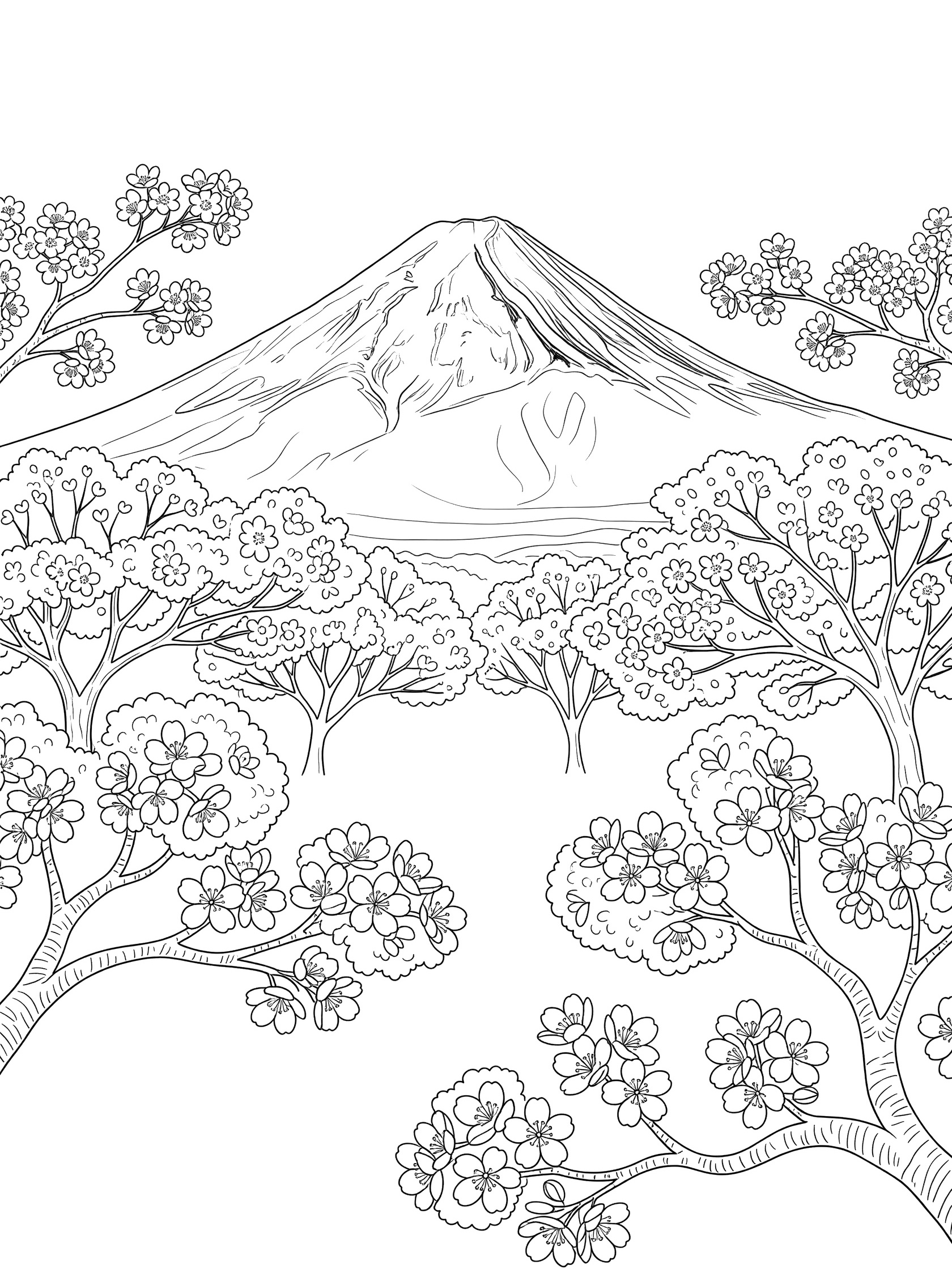 Black and white coloring page of Mount Fuji mountain behind clusters of cherry blossom trees with branches and fluffy flower bunches.
