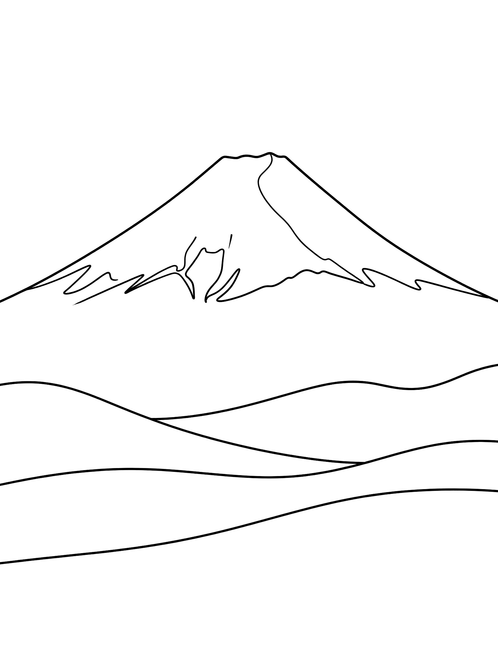 Black and white line drawing of Mount Fuji mountain with snow-capped peak outline and gentle rolling hills below, coloring page style