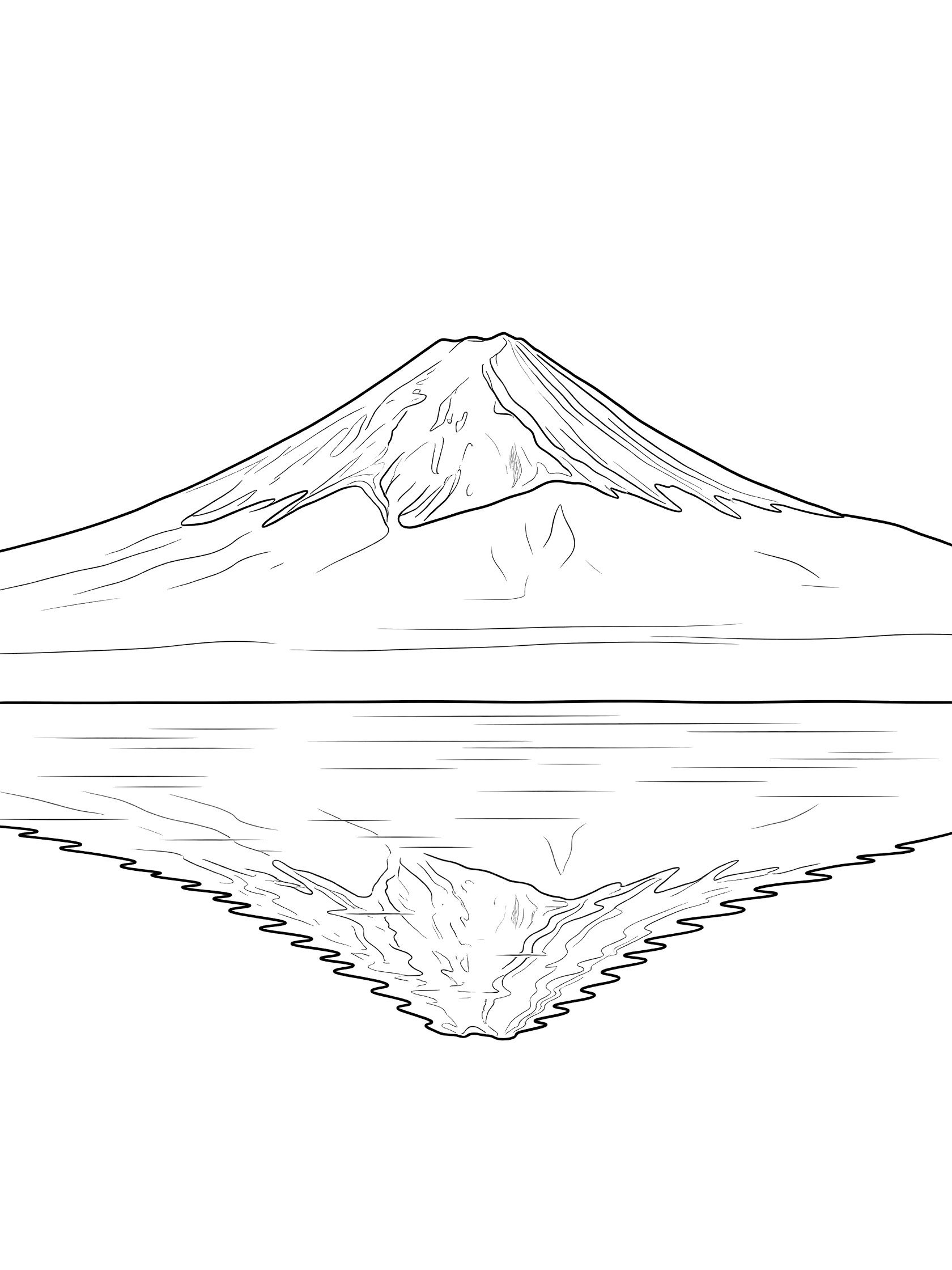 Black and white line drawing of a tall cone-shaped mountain reflected in a lake with wavy water lines, coloring book style.