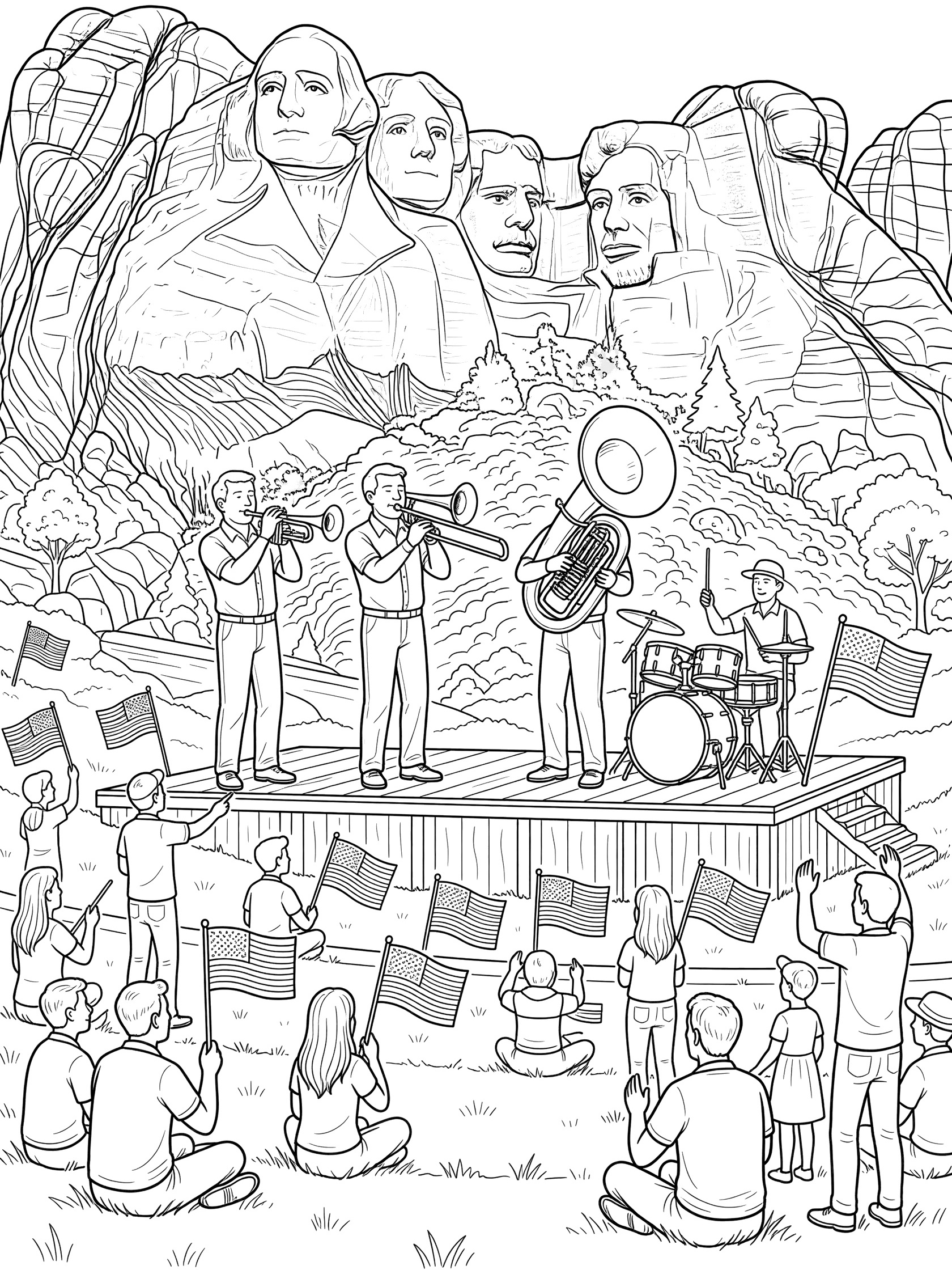 Black and white line art coloring page of Mount Rushmore with a brass band on stage playing instruments, American flags, and families sitting on grass during 4th of July.
