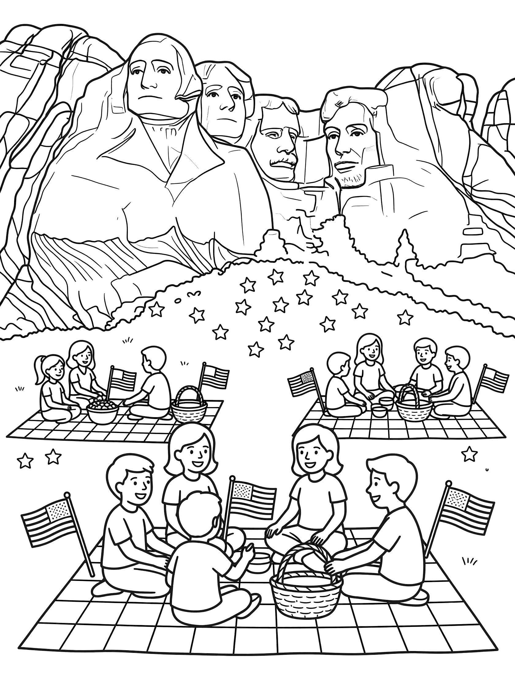 Black and white line art of Mount Rushmore with families on checkered picnic blankets holding American flags, baskets, and star decorations for 4th of July.