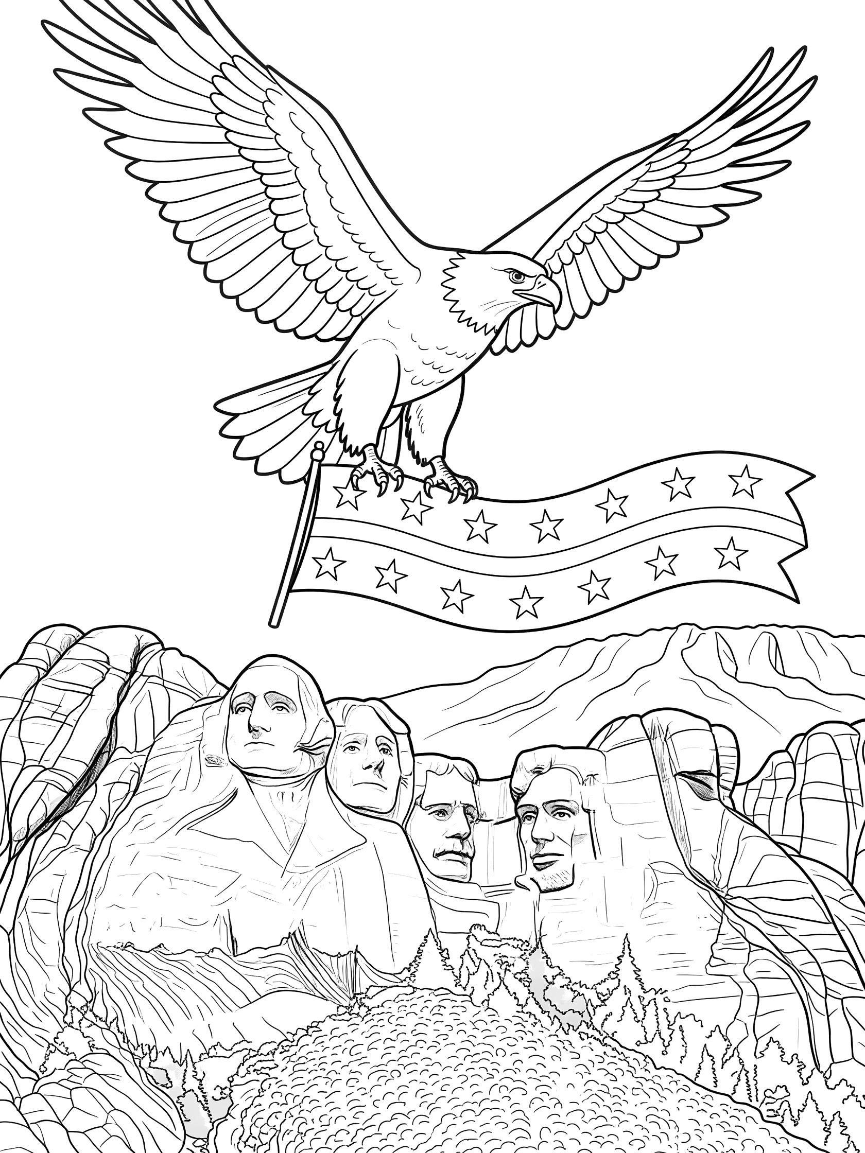 Black and white coloring page showing Mount Rushmore with four presidents' faces looking up at a large eagle flying overhead holding a banner with stars
