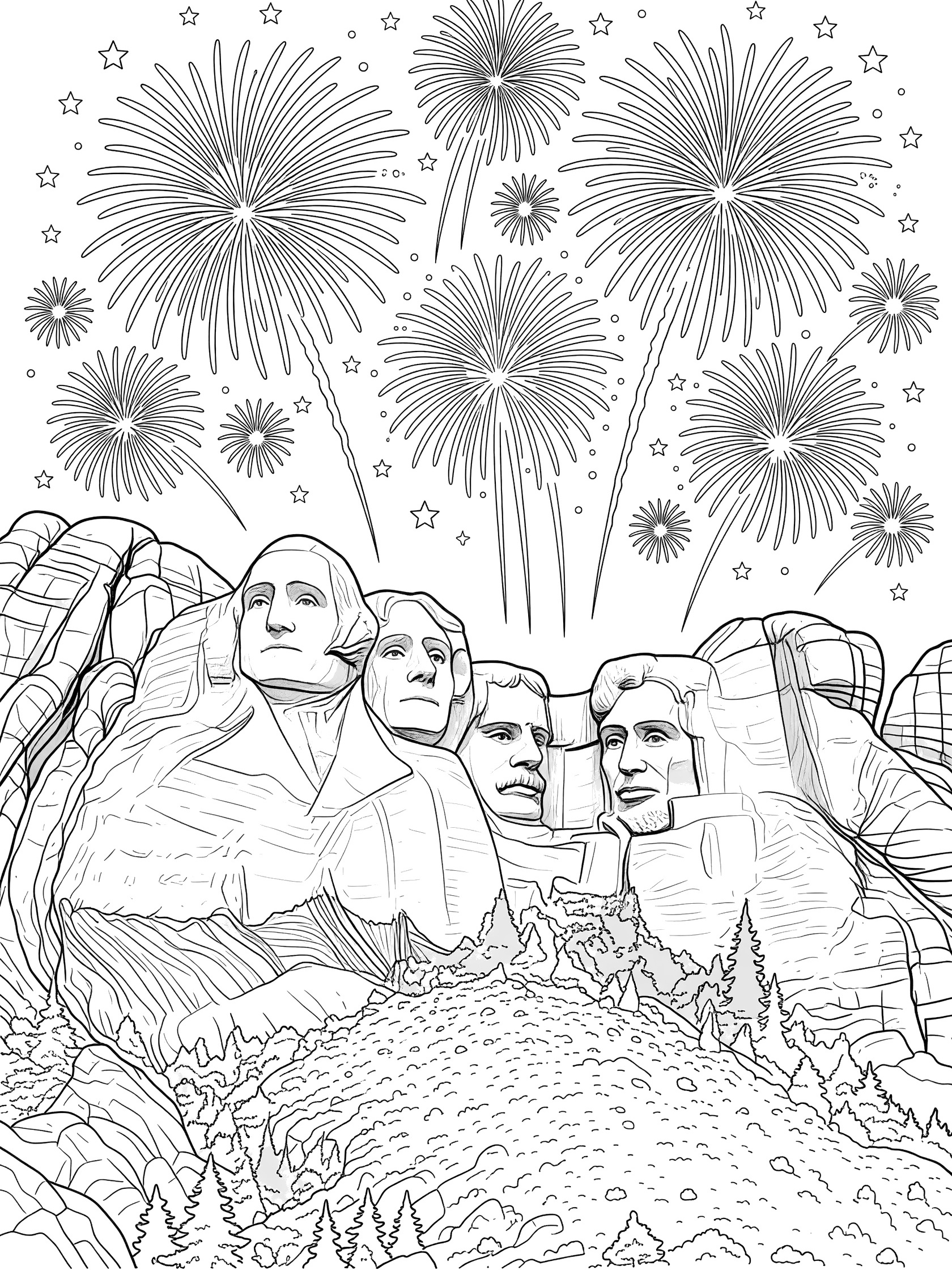 Line art coloring page showing Mount Rushmore carved faces with exploding fireworks and stars above the monument and trees.