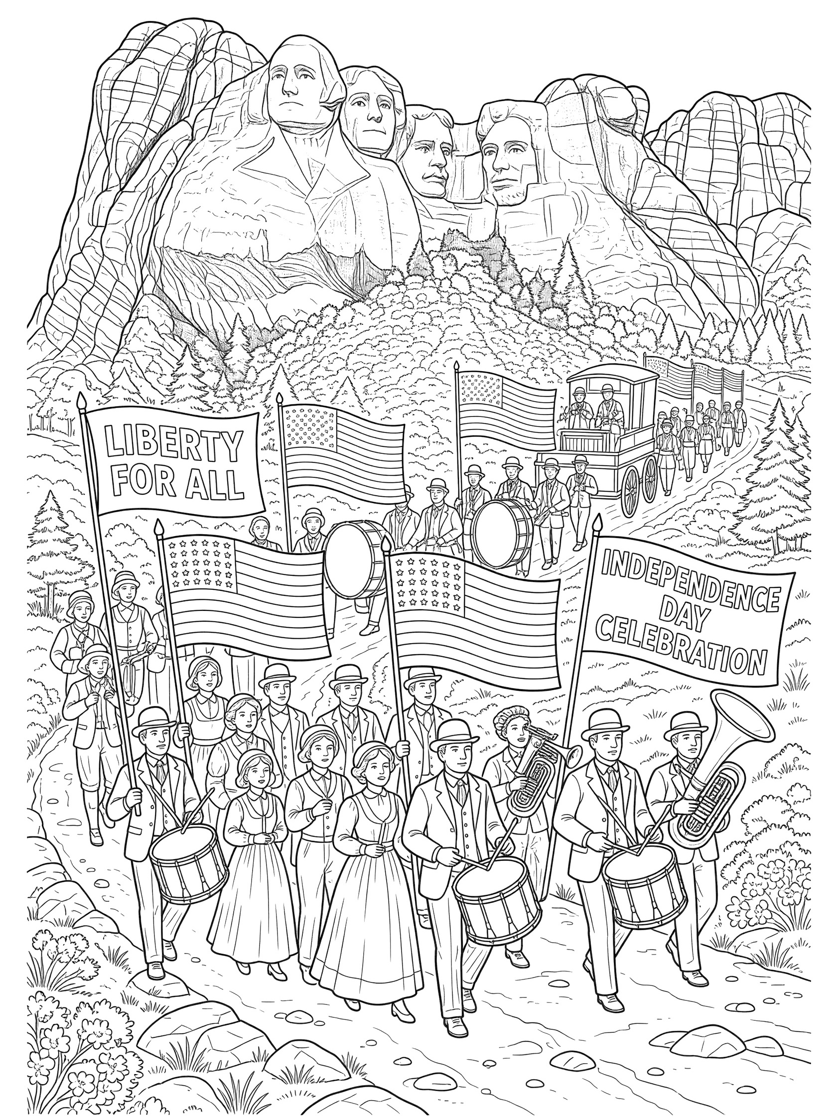 Black-and-white line art coloring page of a patriotic parade with marchers, flags, drums, and brass instruments approaching Mount Rushmore for 4th of July.
