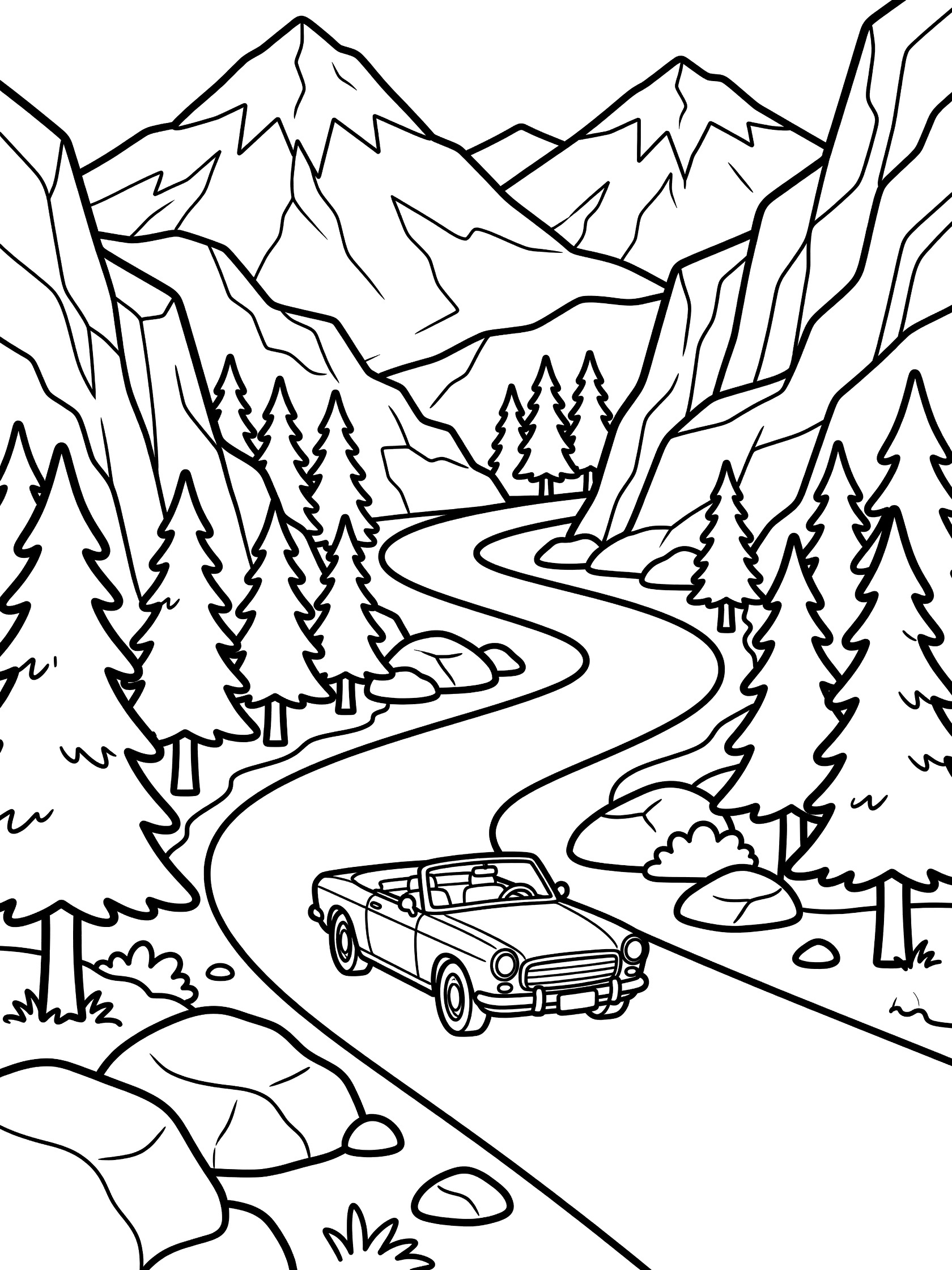Printable coloring page showing a convertible car on a winding mountain road lined with tall pine trees and boulders, jagged cliffs and distant snowy mountains in the background