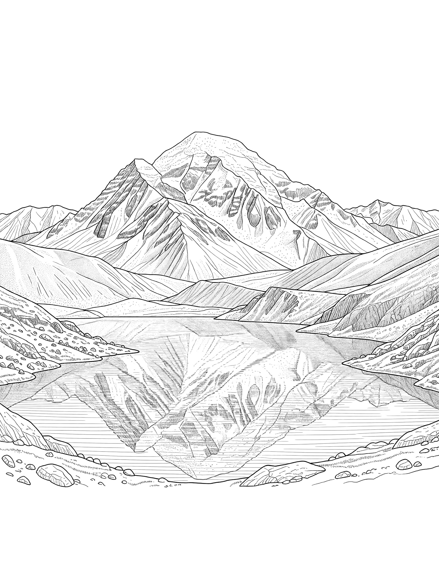 Black and white line art coloring page showing a tall jagged mountain peak reflected perfectly in a calm lake surrounded by hills and rocks. Mount Kailash themed black and white printable line art