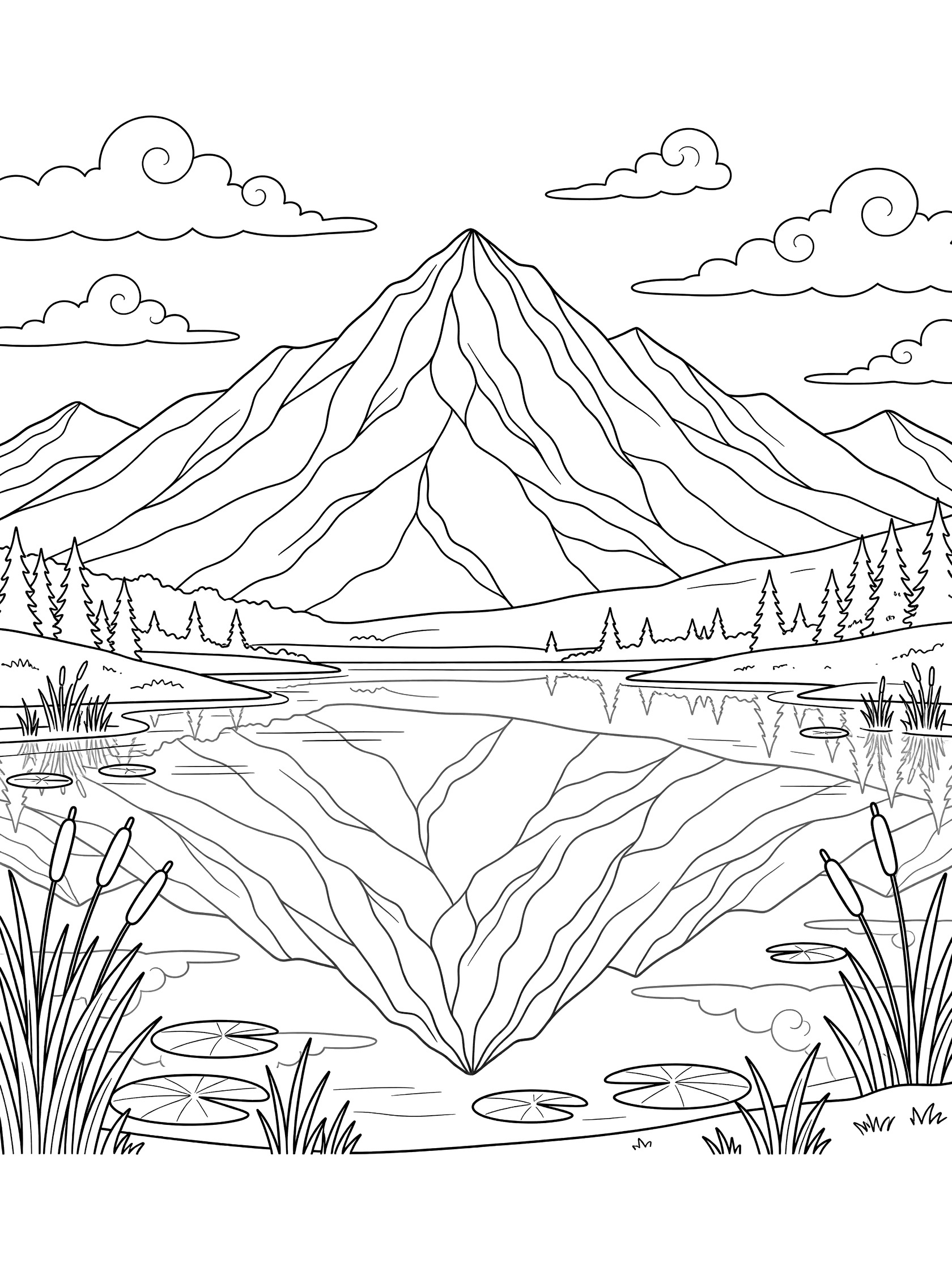 Black and white line art coloring page showing a jagged mountain peak reflected perfectly in a smooth lake, with tall reeds and lily pads at the water's edge, distant pine trees on the sides, and swirly clouds in the sky above. Mount Olympus themed black and white printable line art