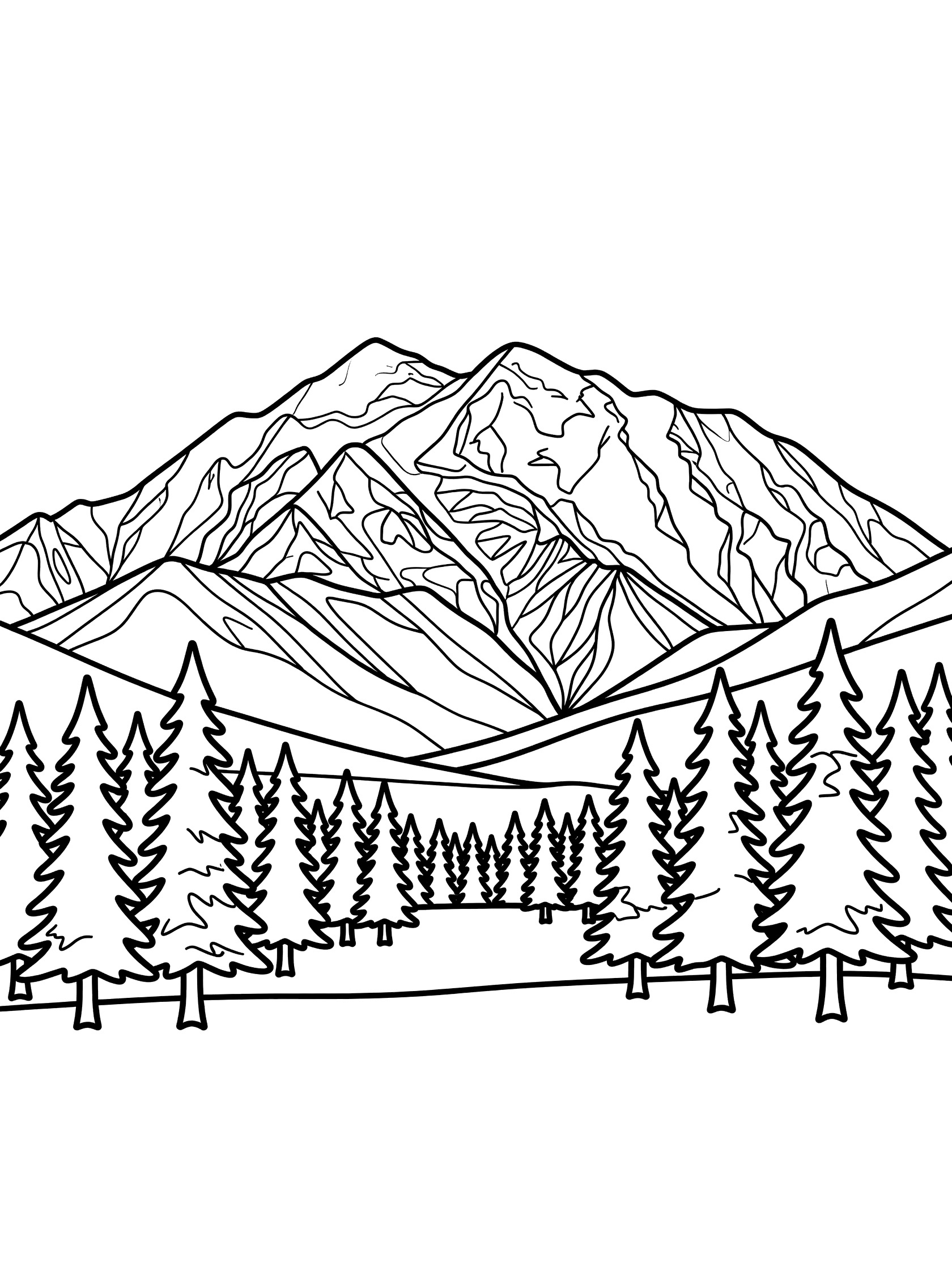 Black and white line art coloring page showing a large mountain peak behind tall pine trees on a meadow. Denali themed black and white printable line art