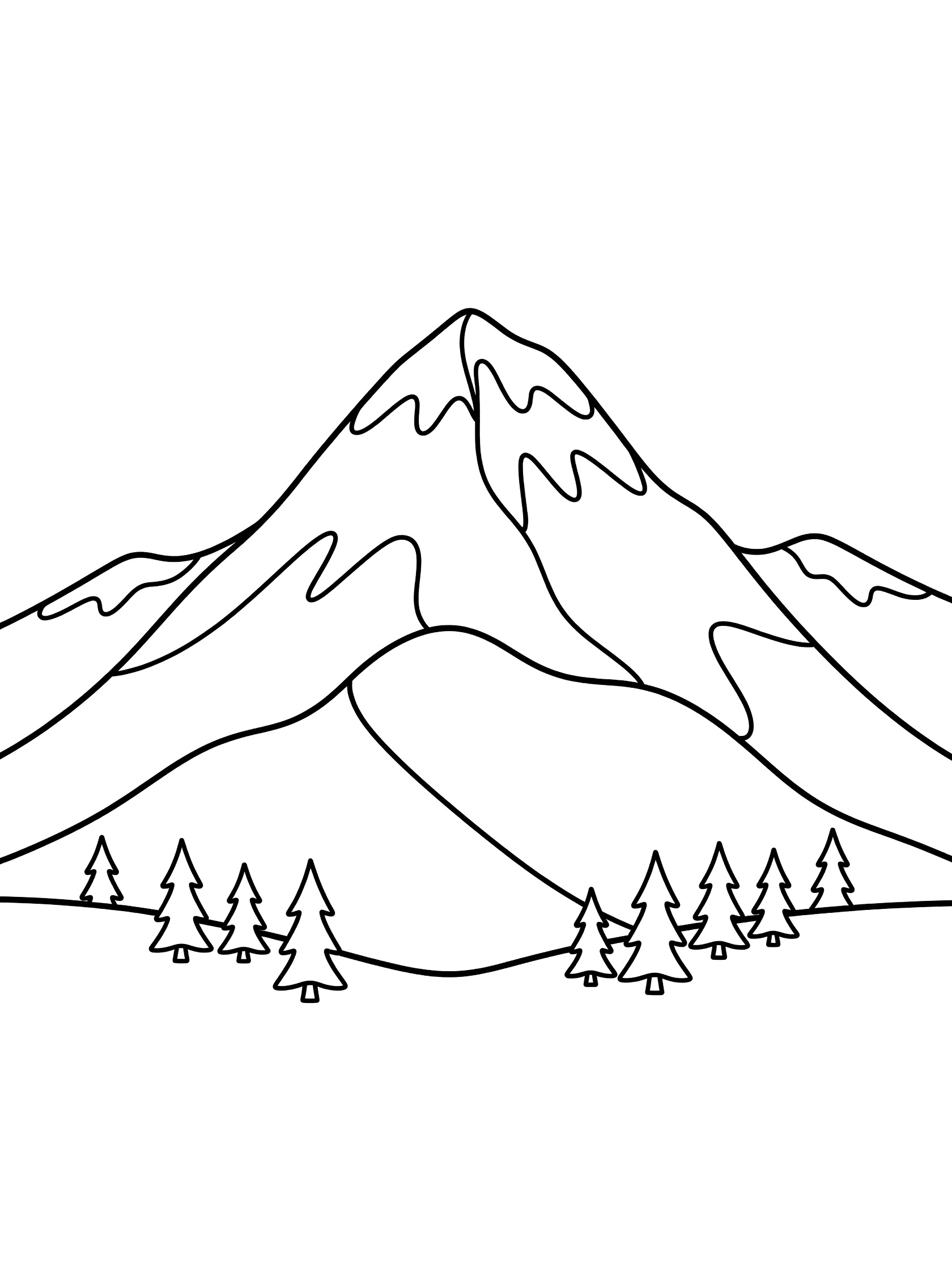 Simple line art coloring page showing a tall pointed mountain peak with snowy top, sloping sides, and scattered pine trees in front on white background. Pikes Peak themed black and white printable line art