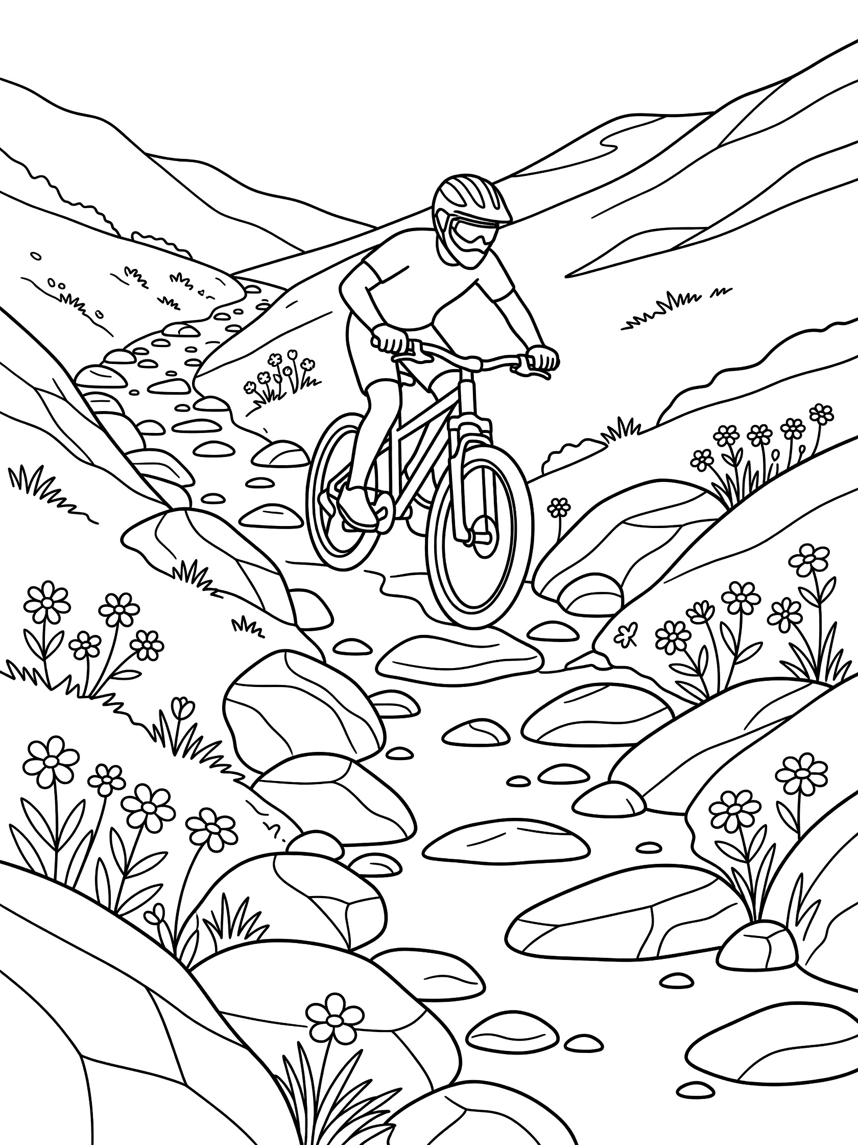 Black and white coloring page showing a mountain biker in helmet leaning forward on a mountain bike navigating a steep rocky downhill path surrounded by boulders and wildflowers.