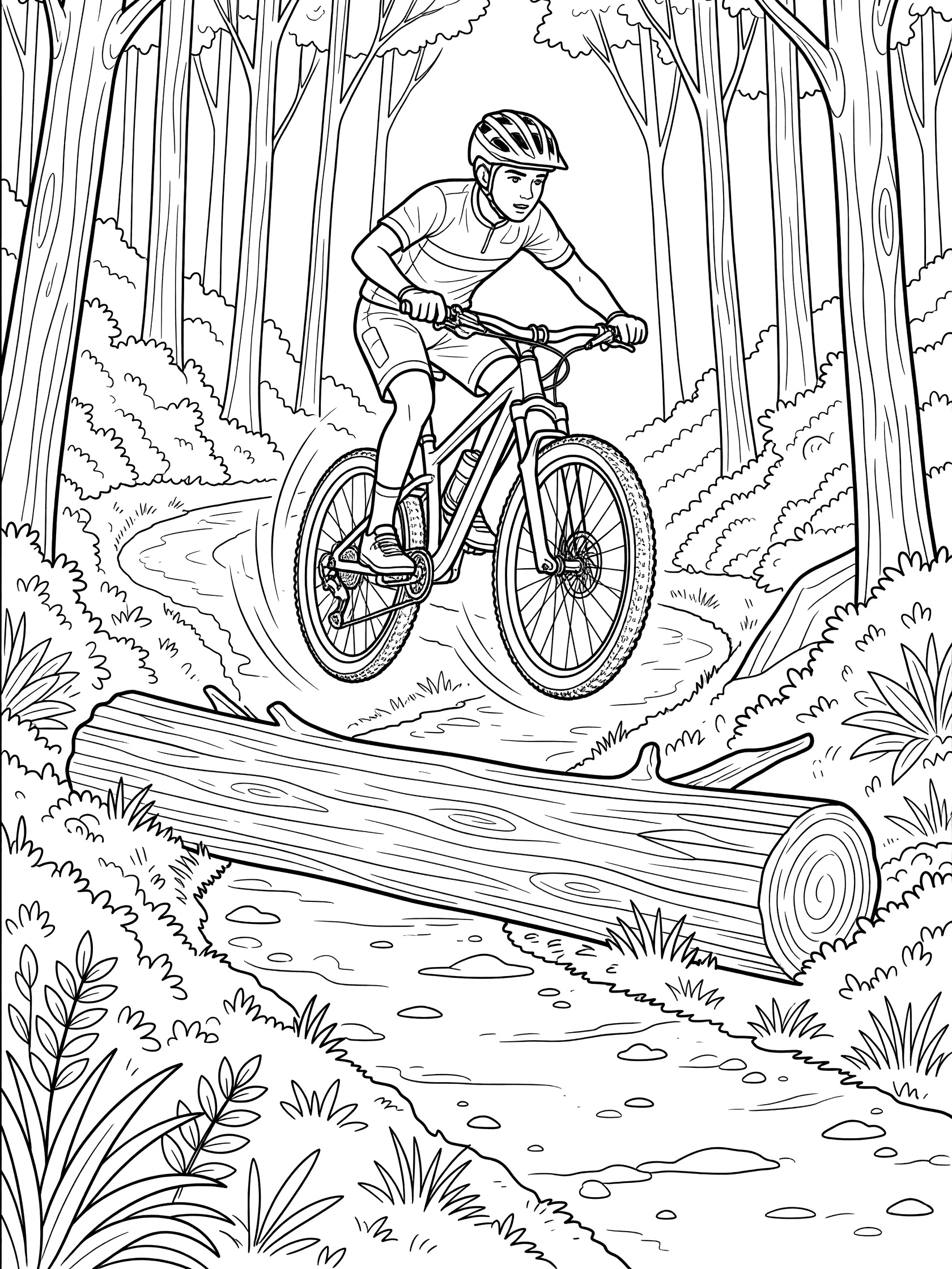 Line art coloring page showing a kid on a mountain bike jumping over a large log on a curvy forest trail with trees and bushes