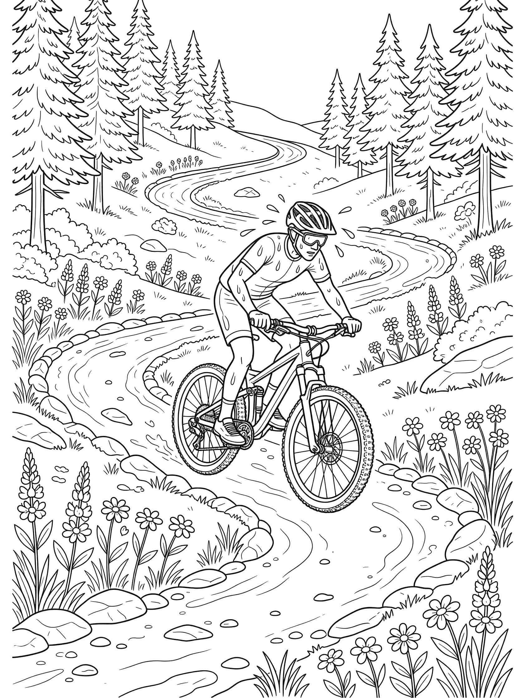 Black-and-white coloring page of a mountain biker riding hard up a zigzagging singletrack trail on a pine-covered hillside with rocks and flowers.