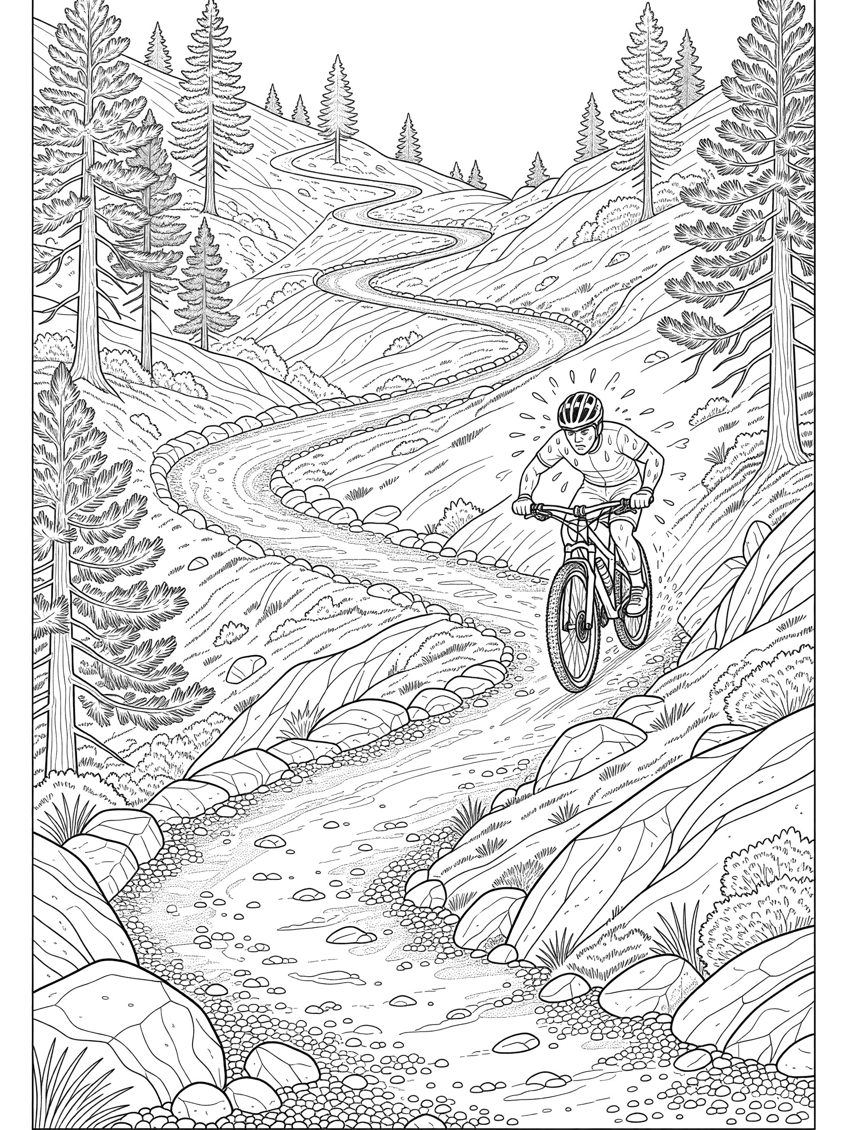 Black and white coloring page of a mountain biker riding up a tight switchback trail on a hilly path with pine trees and loose rocks.