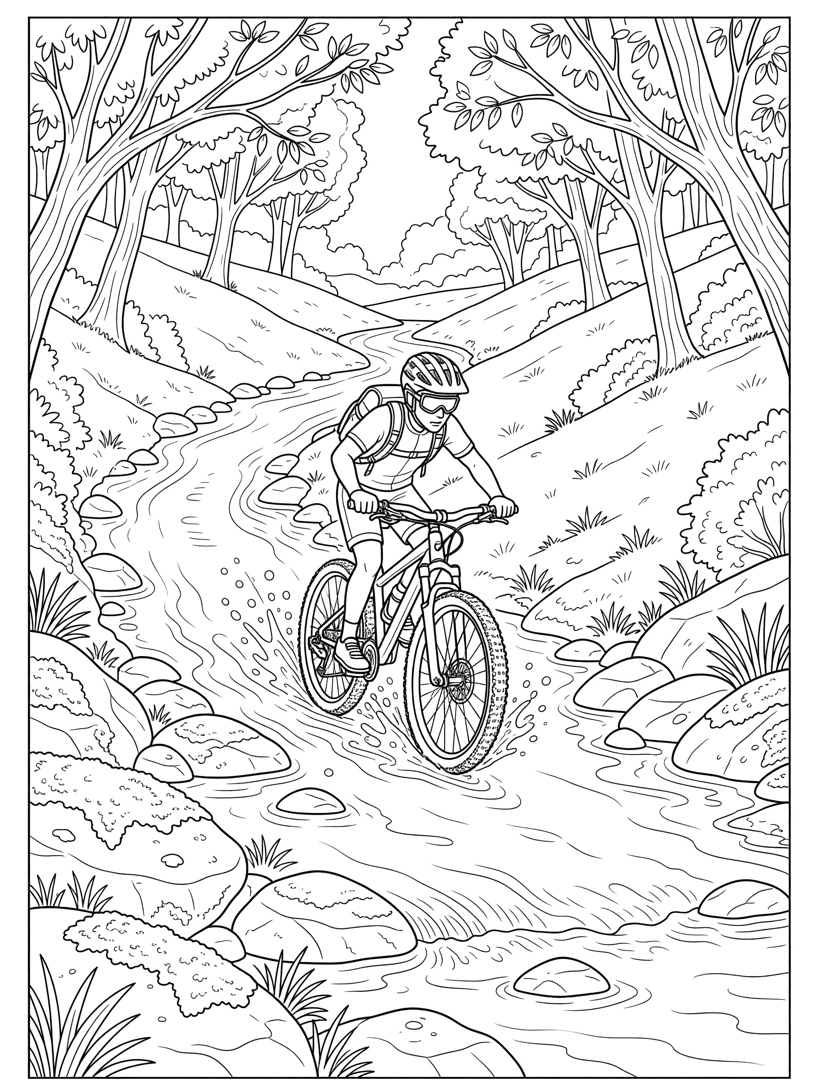 Line art coloring page showing a helmeted mountain biker balancing a bike over a bubbling stream on tight singletrack path with trees, rocks, and water splashes.